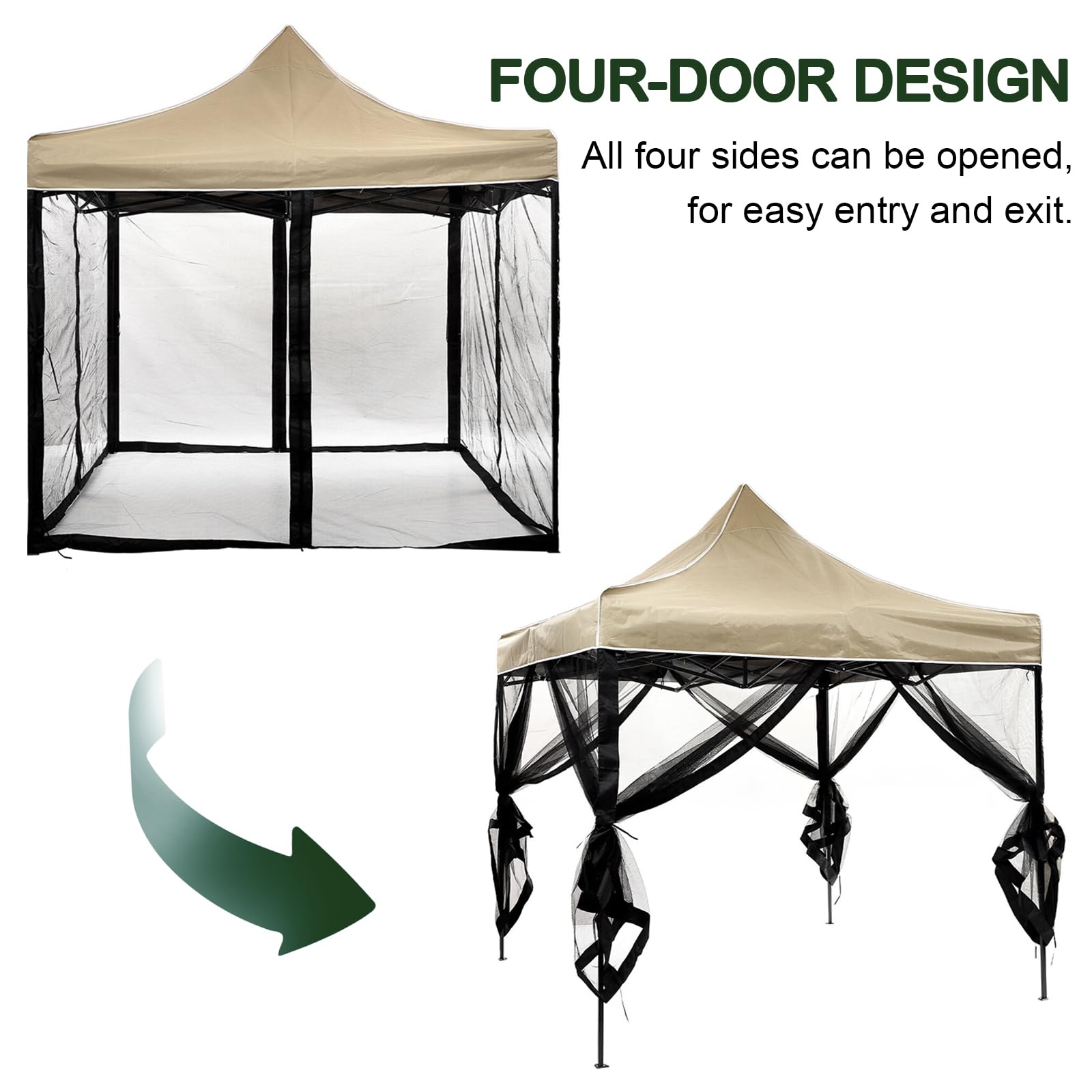 Zapasowa moskitiera do pawilonu, 4-drzwiowy baldachim z dwustronnym zamkiem błyskawicznym, trwała ścianka zewnętrzna do patio i pergoli, czarna, 3 x 3,6 m, poliester