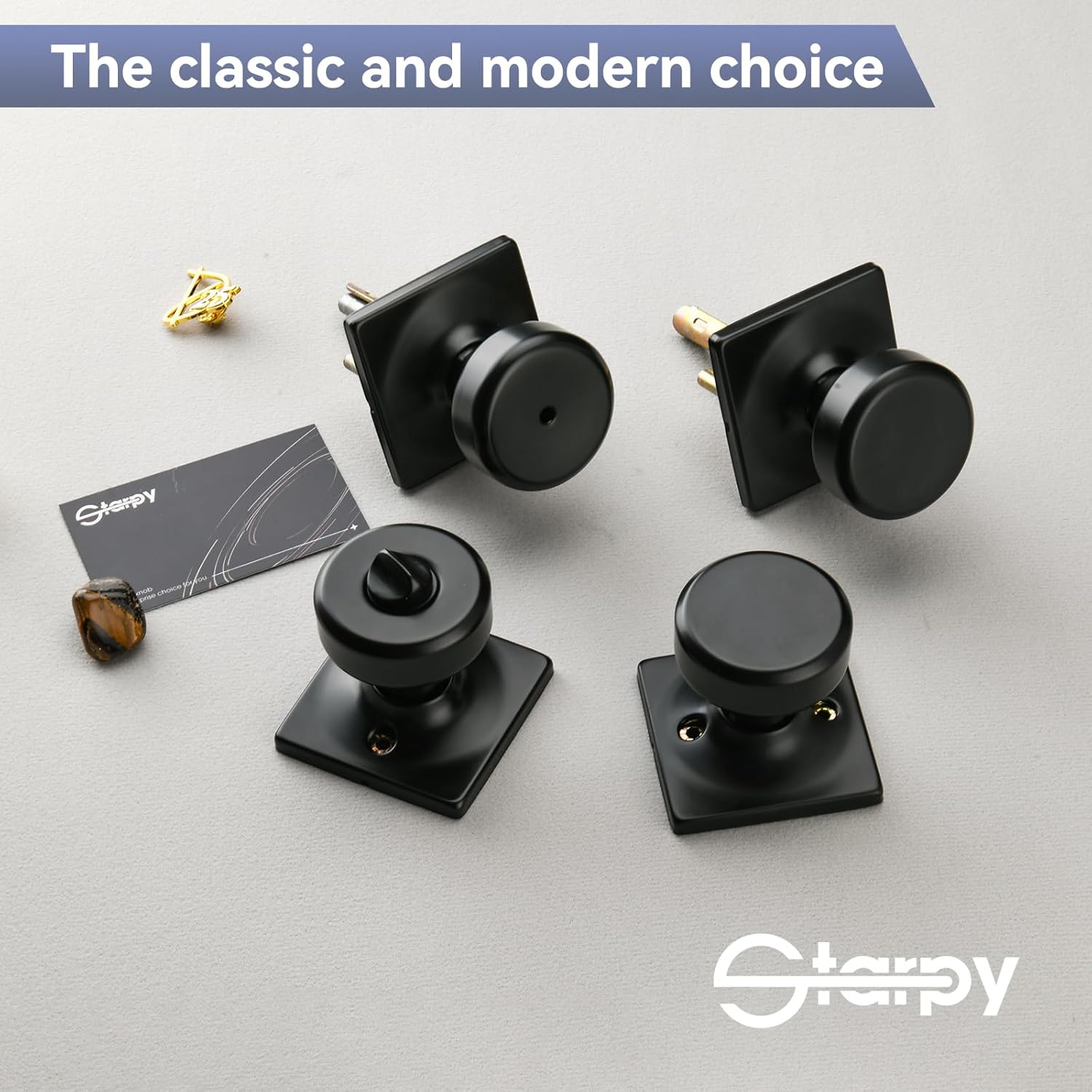 6 Pack Black Door Knobs with Square Rosette,Pismo Passage Door Knob for Hall & Closet,Non-Locking Interior Door Knobs