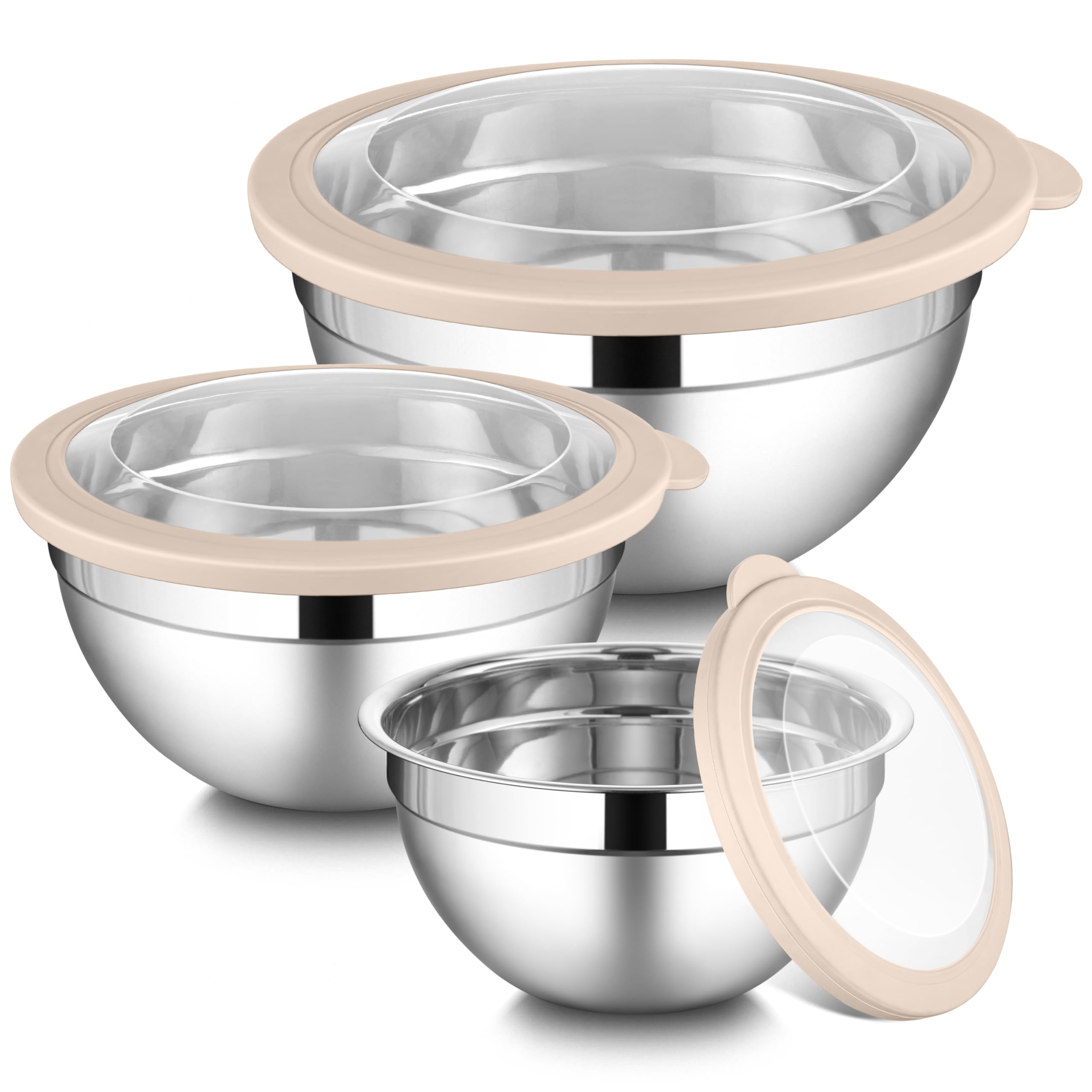 LIANYU Rührschüsseln mit sichtbaren, luftdichten Deckeln, 3-teiliges Edelstahl-Küchenschüssel-Set, 4,6 & 2,6 & 1,5 QT, ideal zum Mischen, Backen, Servieren, spülmaschinen- und gefriergeeignet, Khaki