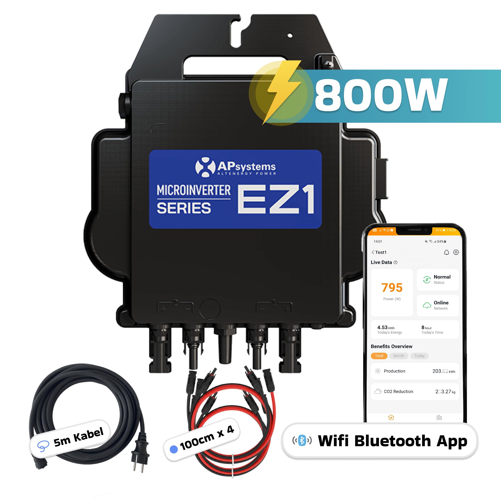 AP Systems Mikro-Wechselrichter 800 W EZ1-M-EU für Balkonkraftwerk, IP67 wetterfest, Plug&Play Installation, 2 MPPT, Bluetooth & WIFI, inkl.5m Anschlusskabel & 4x1m Solar-Verlängerungen Micro Inverter