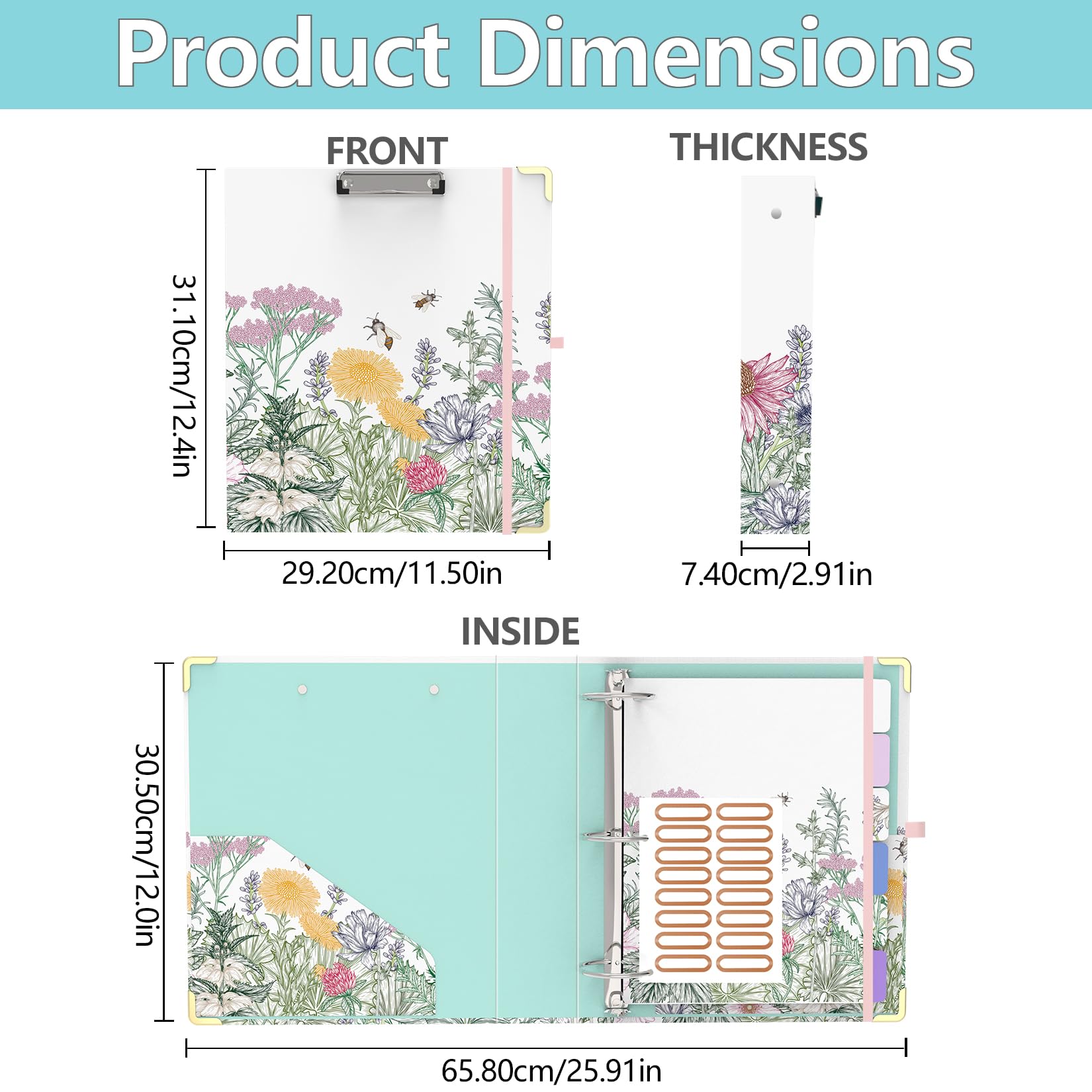 Raccoglitore a 3 anelli da 5 cm, con 6 divisori per linguette, 2 tasche interne, grazioso raccoglitore con spazio per lettere, organizer per cartelle per ufficio scolastico, portafoglio (fiori