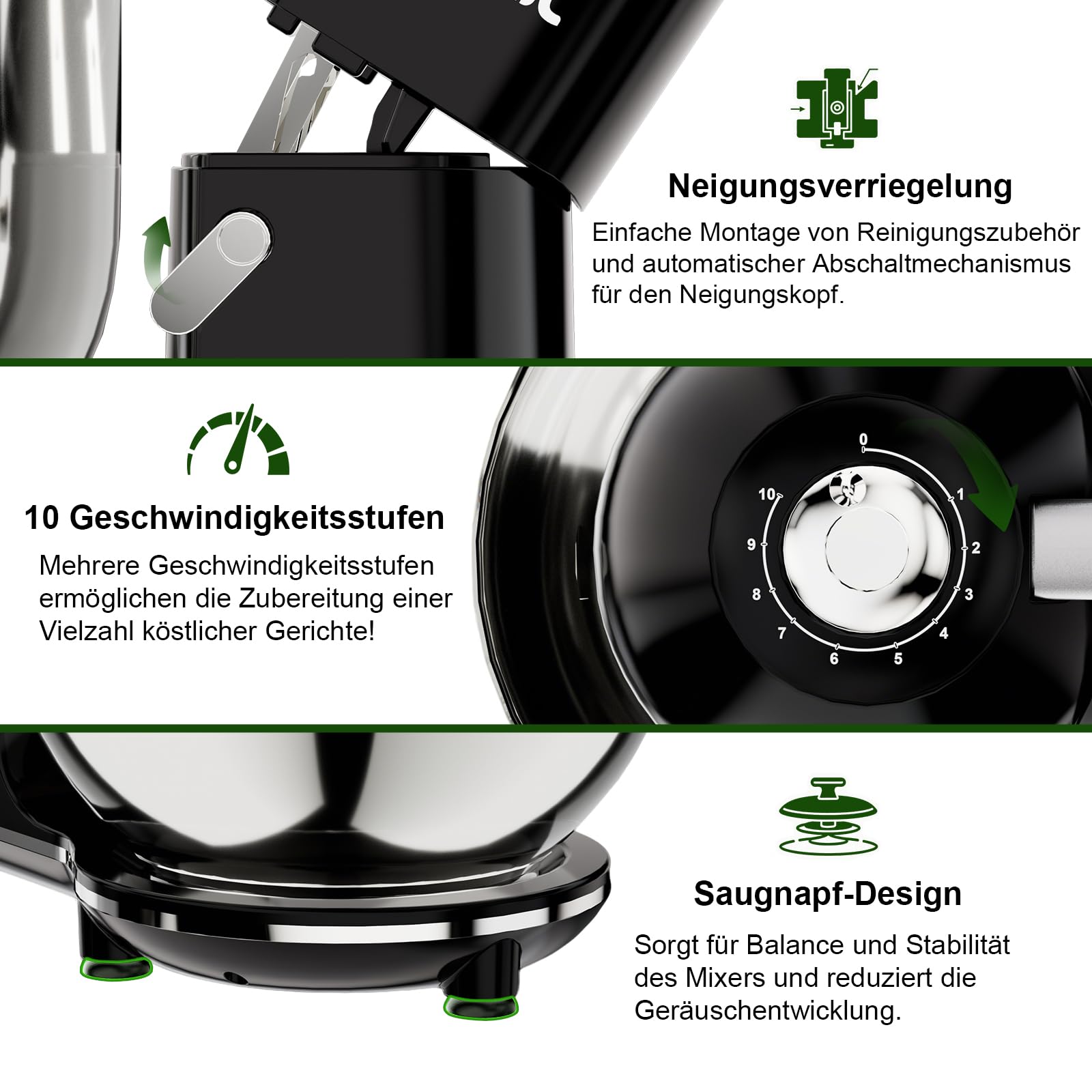 Camic Küchenmaschine - 2000W - Teigmaschine 10 Stufen mit Tragegriff, Edelstahl Rührschüssel (7L), Knetmaschine mit Rührhaken, Knethaken, Schlagbesen und Spritzschutz