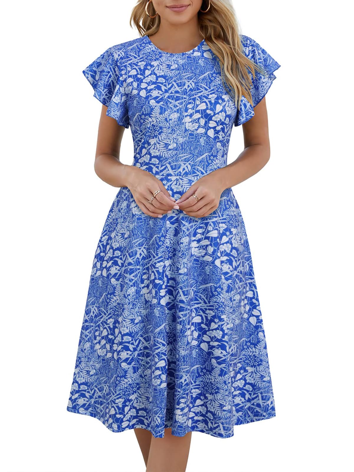 MSLG Women's Fit and Flare Ruffle Short Sleeves Dresses Work V-Back Cocktail Semi Formal A Line Dress with Pockets 842