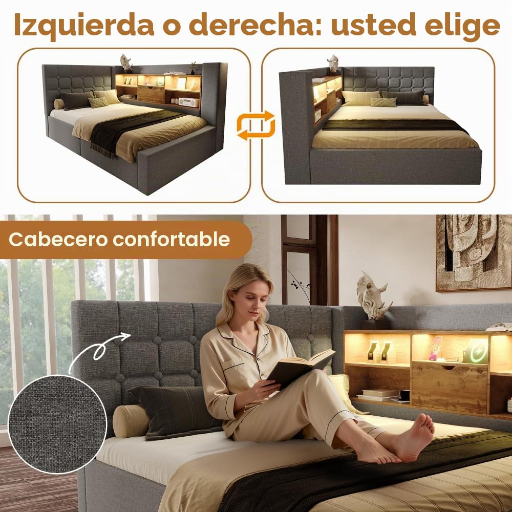 Cama tapizada de 140 x 200 cm con iluminación LED, canapé, estructura de cama, tela de lino, gris (colchón no incluido).