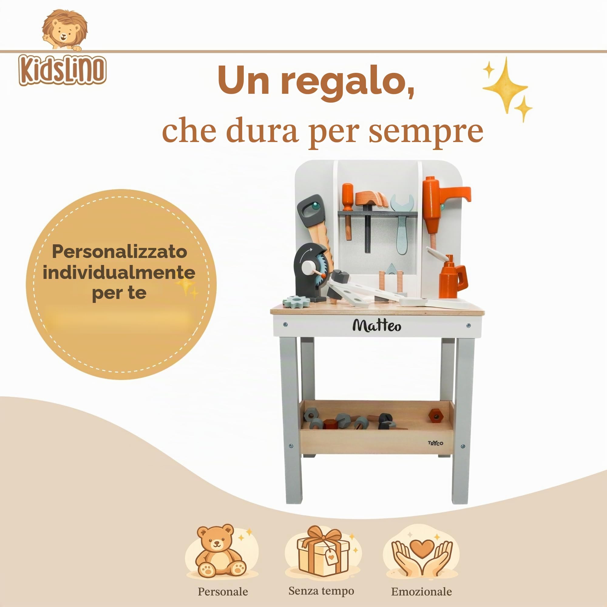 Personalizzato Banco da Lavoro in Legno con Attrezzi – stimola la motricità fine & il gioco di ruolo – per bambini dai 3 anni – personalizzato con il nome – Tryco