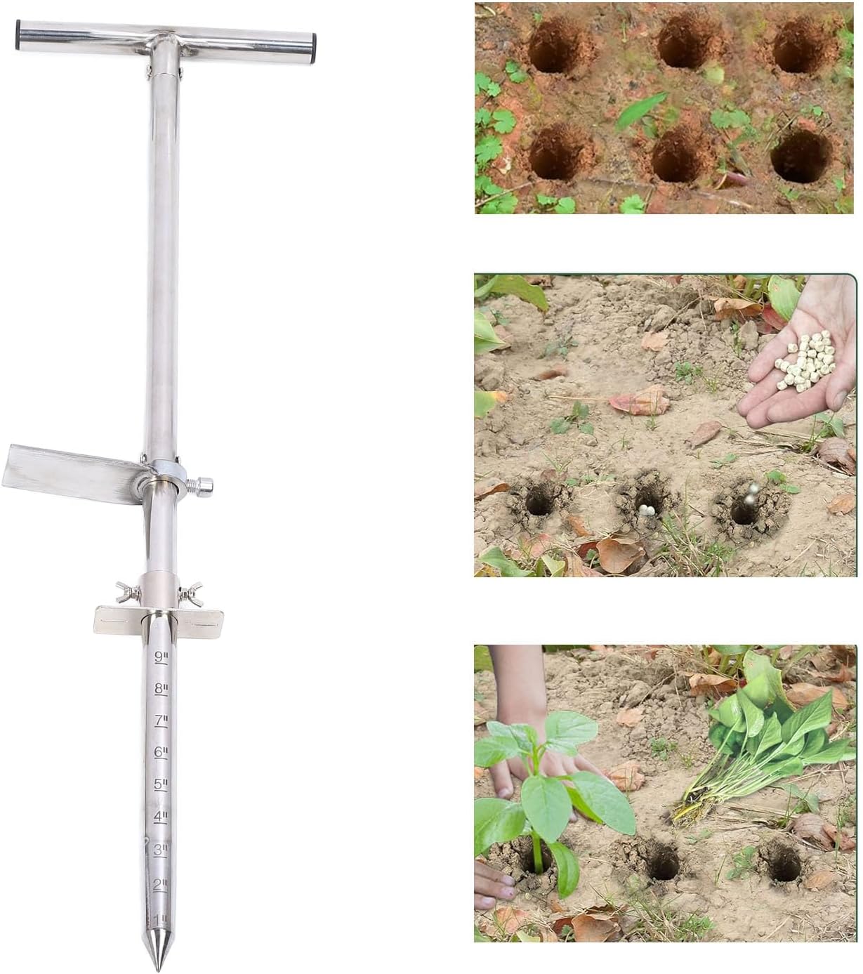 Stainless Steel Soil Probe Foot Pedal Ergonomic T Handle Planting Tool 33.5in for Lawn Garden Farm Plant Care, Suitable for Various Soil Types, Easy to Carry and Assemble