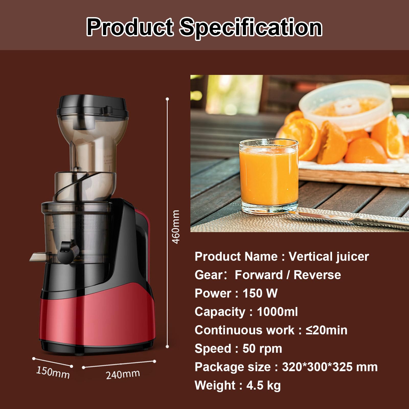 Estrattore di Succo A Masticazione Lenta da 150 W, Tecnologia di Spremitura A Freddo A 50 Giri/Min, Separazione Automatica di Succo E Polpa, Ampio Condotto, Funzione avanti/Indietro