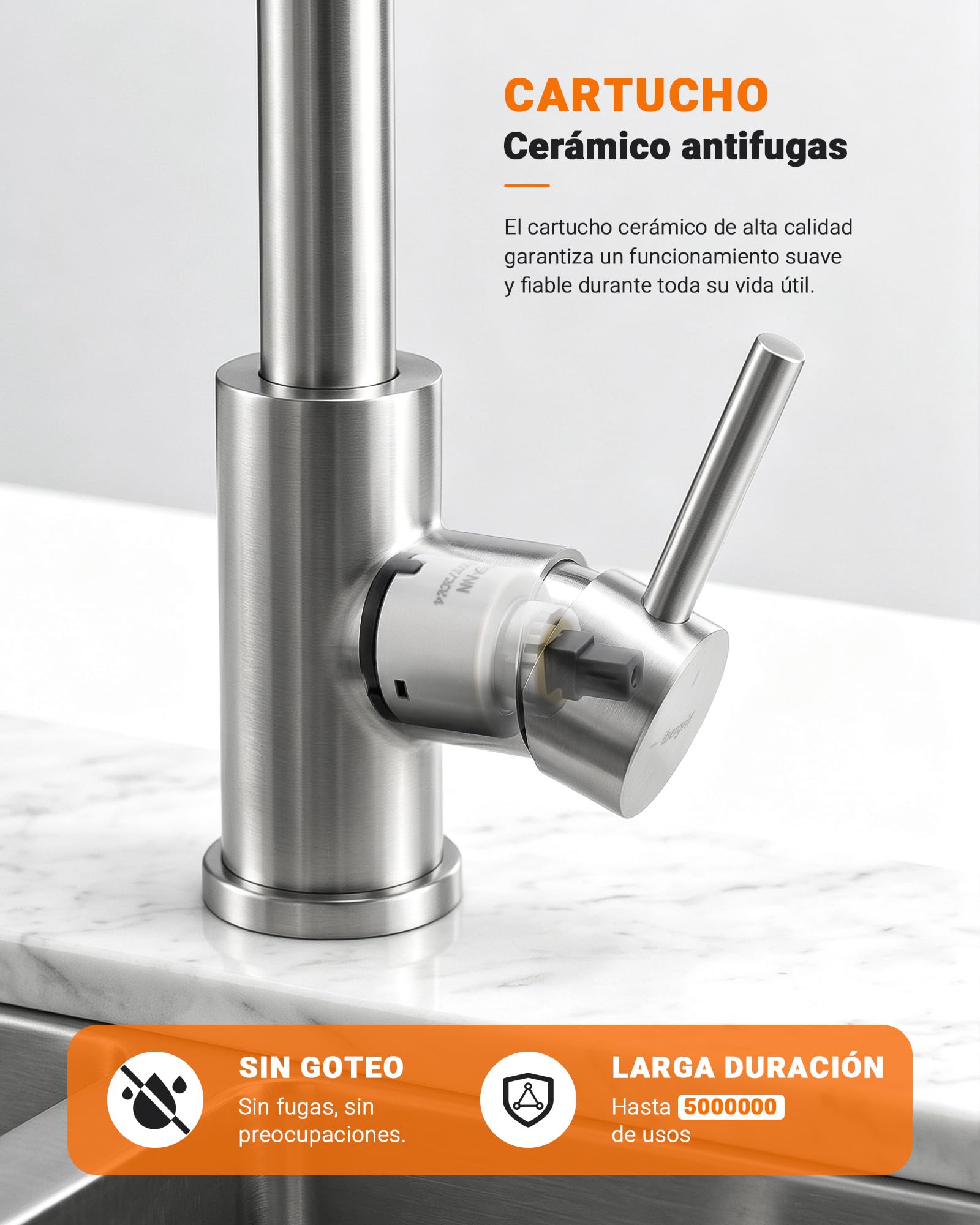 Ibergrif Grifo Cocina Extraíble Acero Inoxidable 304 Cepillado Monomando | Grifo Cocina Fregadero con Caño Extraíble, Giro 360°, 2 Modos de Agua, Manguera 40 cm, Instalación Rápida, Acabado Cepillado