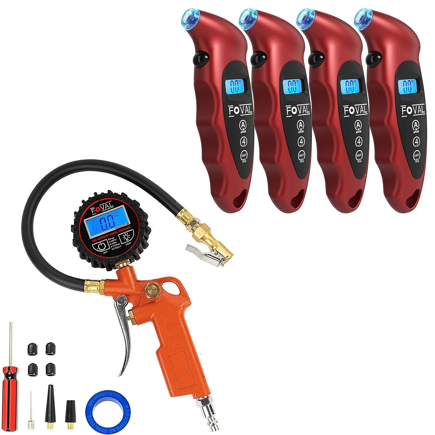 FOVAL 4 Pack 150 PSI Digital Tire Pressure Gauge and Digital Tire Inflator with Pressure Gauge 250PSI for Air Compressor
