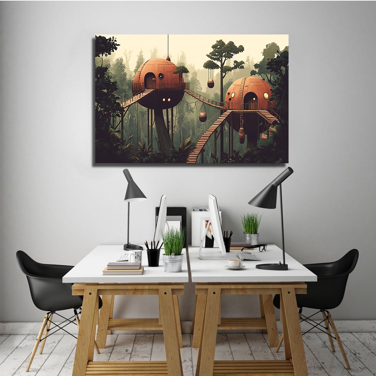YUNART Arte murale Stampe su tela Retro giungla Tree House Art Stampe di paesaggi fantasy vintage per casa Soggiorno Studio 45x68cm Telaio interno