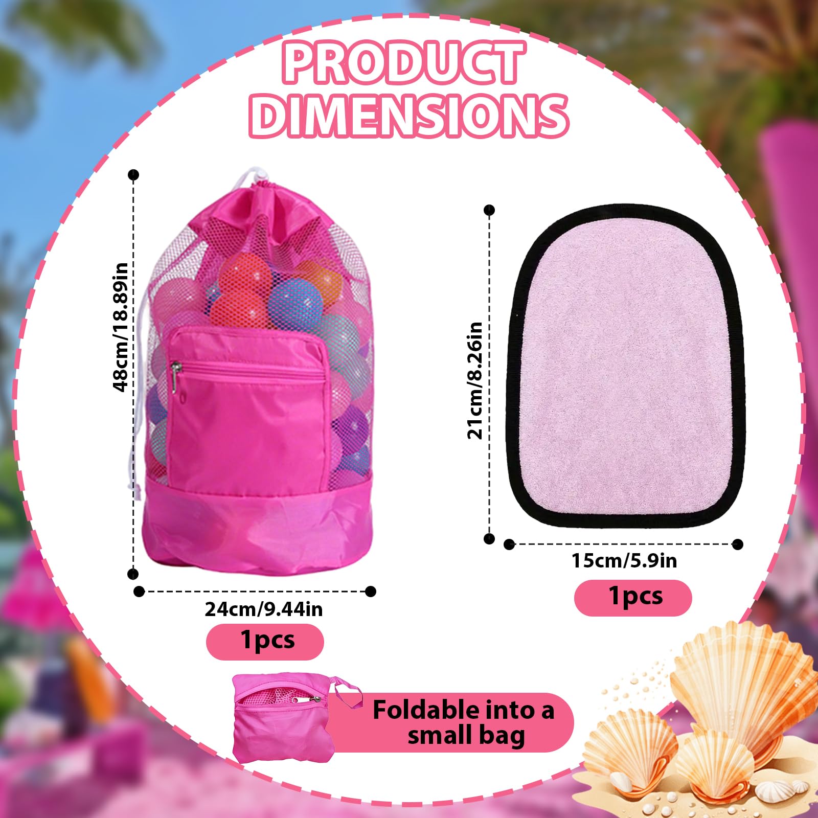 Grande Portatili Pieghevoli Giochi Borsa 48 * 24cm Borsa da Spiaggia Rosa Include 1 Guanto in Tessuto a Rete per Giocattoli di Sabbia per Giochi con Borsai per Spiaggia Vacanze Viaggi