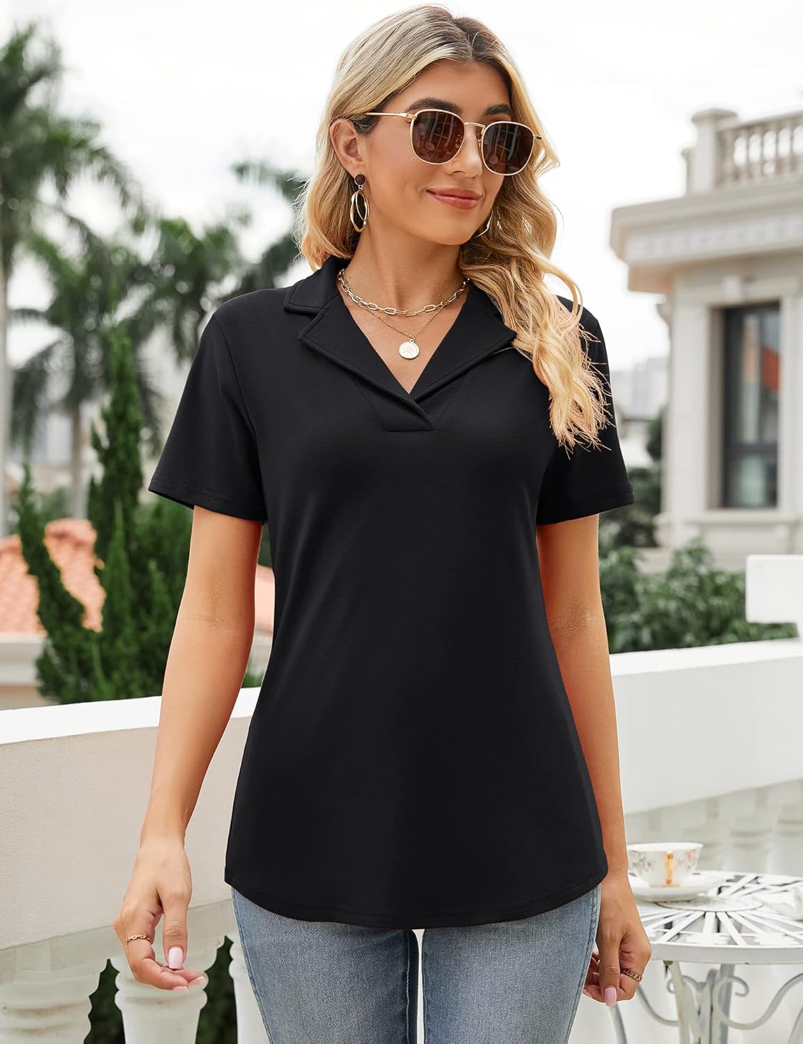 Rapbin Women's Polo Shirts Lapel Collar V Neck Short Sleeve Blouse Dressy Casual Tunic Tops - Image 4