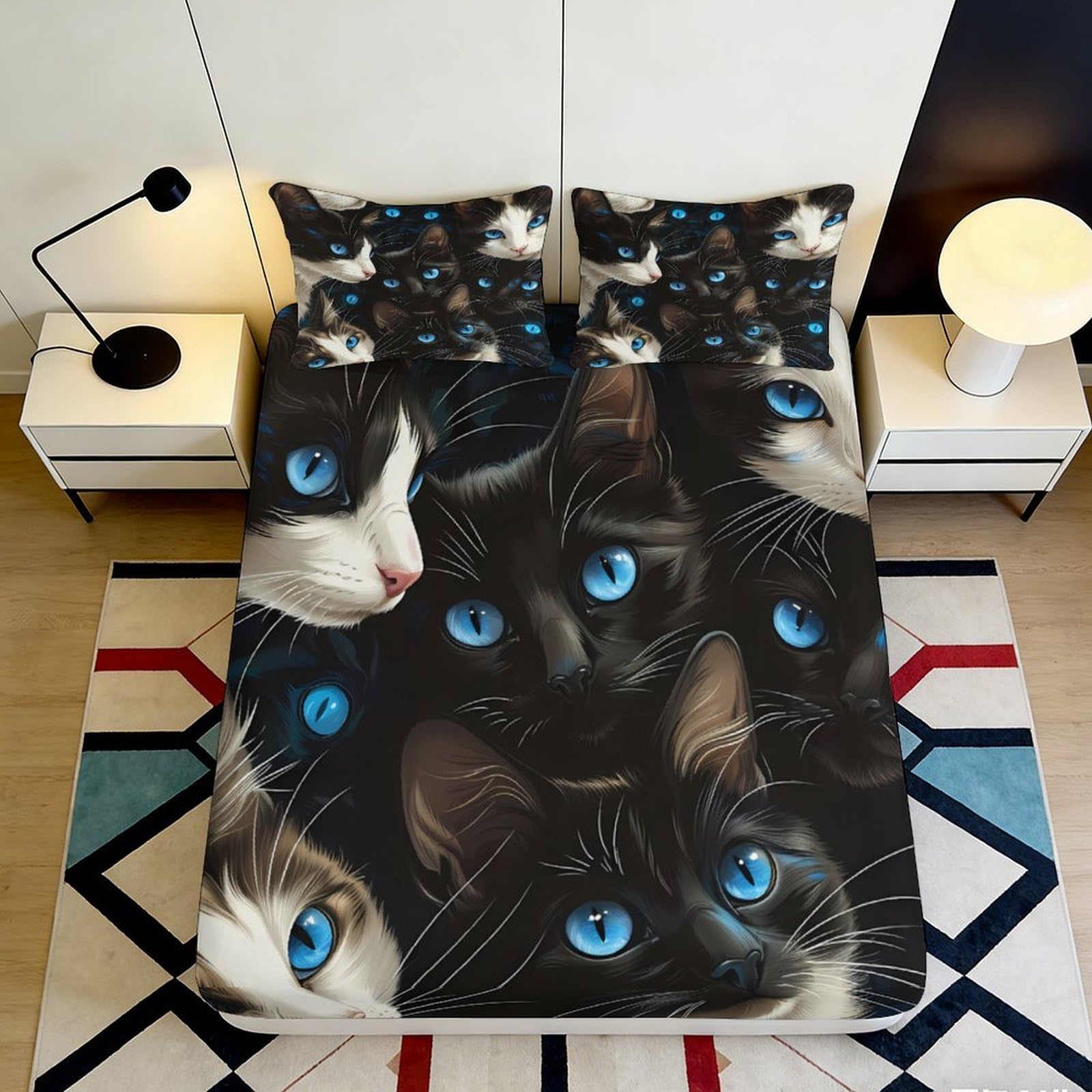 3D Printed Blue Eyed Cat Fitted Sheet Microfiber Soft Black Cat Bed Cover for Bedroom Guest Room Decor 90x200x25cm