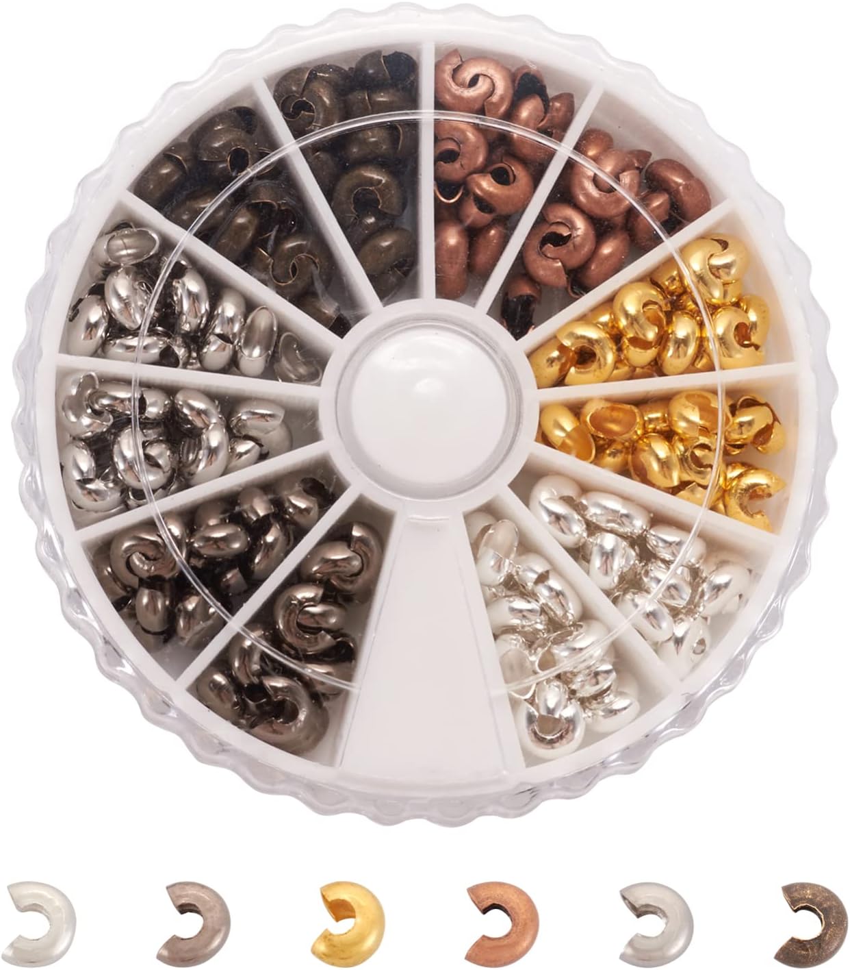 Pandahall 1Box/250pcs 6 Colors 5mm Brass Half Round Open Crimp Beads Covers Knot Covers Beads End Tips for Jewelry Makings Antique Bronze & Red Copper & Black & Silver & Golden & Platinum Nickel Free