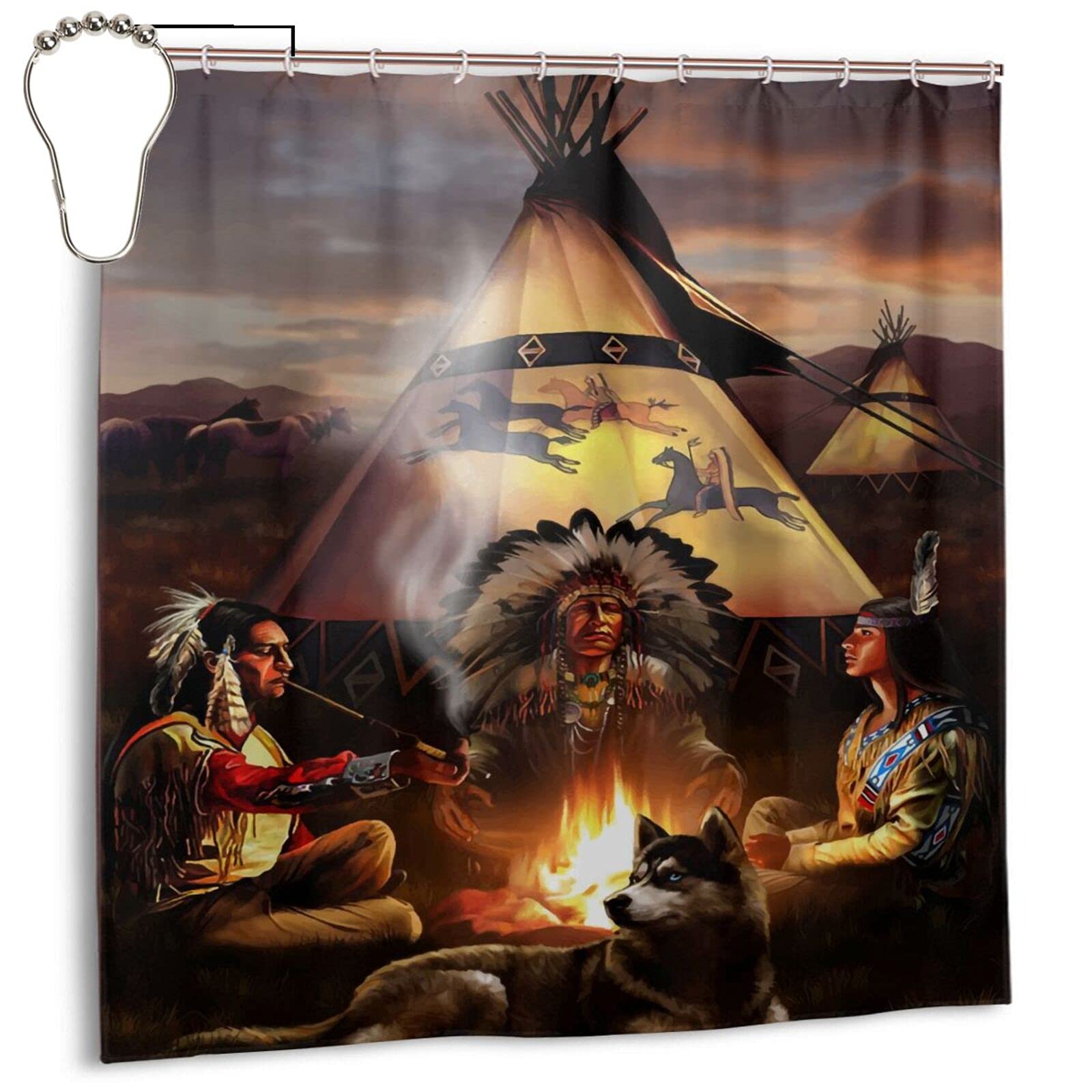 Gelingmei Native American Smoking Peace Pipe Shower Curtain,Waterproof Polyester Fabric,Bath Curtains Bathroom Decorations Home Decor Sets Beautiful Bathroom Decor with Hooks 72x72 Inch