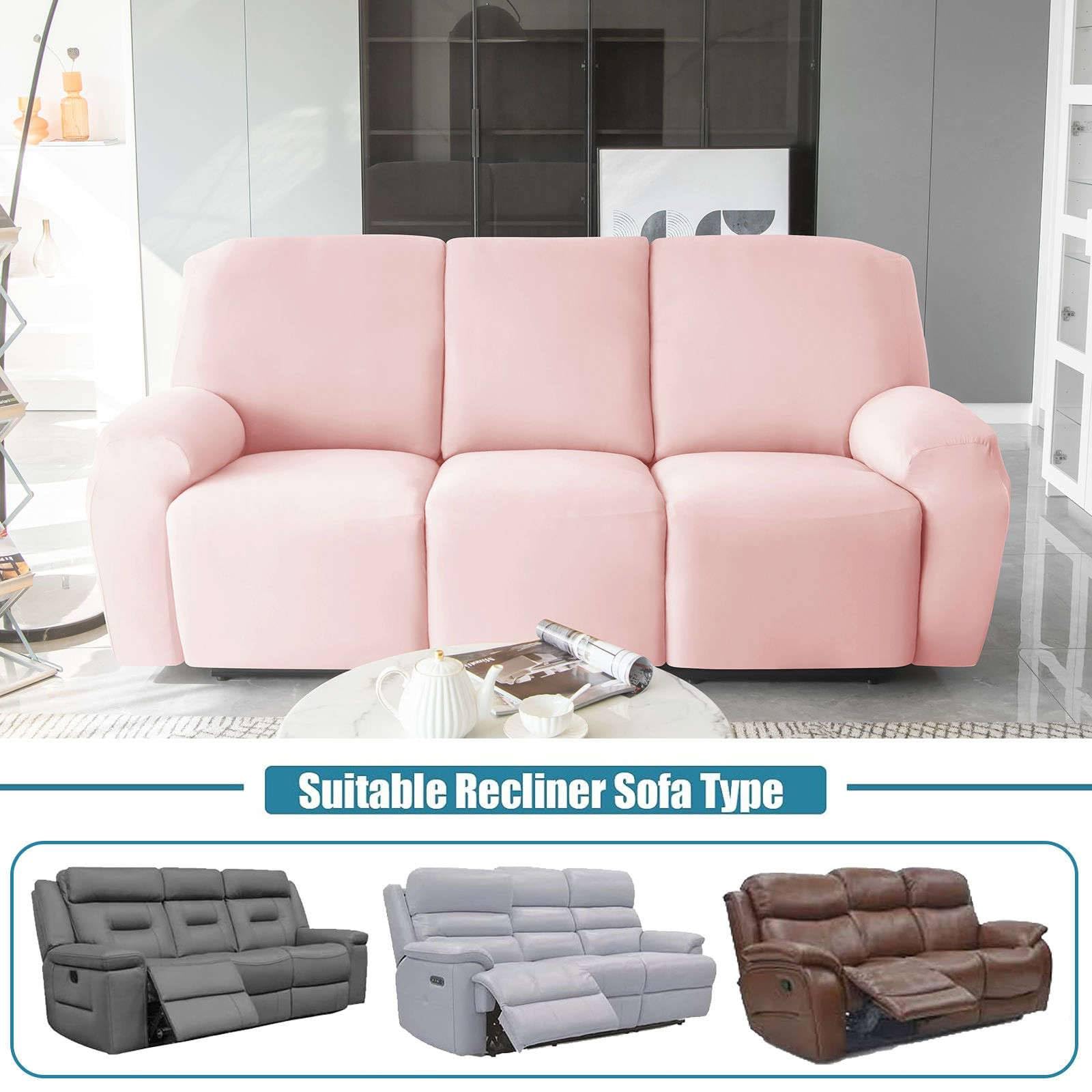 Polyester 8-Piece Recliner Couch Covers 3 Seat, Stretch Soft Lazy boy Reclining Sofa slipcover with Pocket Armchair Covers for Kids Pets Cat Dog-Pink-3 Seat