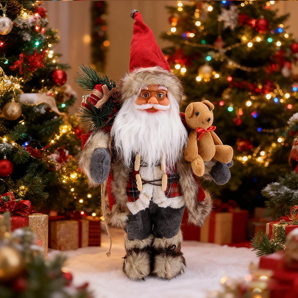 Grande décoration de Père Noël debout - Figurine de Noël debout - Décoration de Noël d'intérieur - Fausse fourrure - Figurine de Père Noël debout traditionnelle pour table de vacances - 45,7 cm