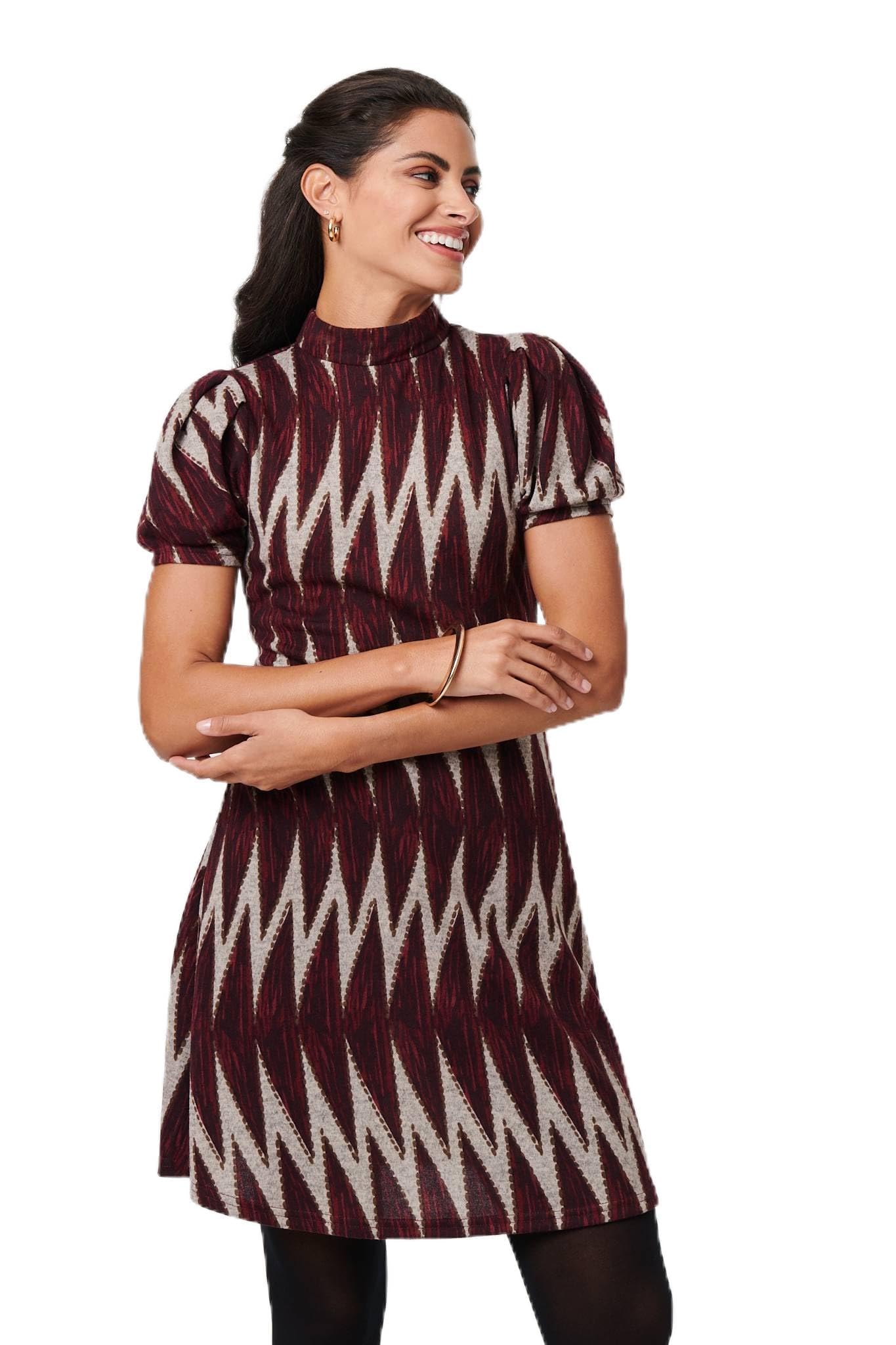 Izabel London Women's Wine Geo Print Puff Sleeve Mini Skater Dress In | : Size 12