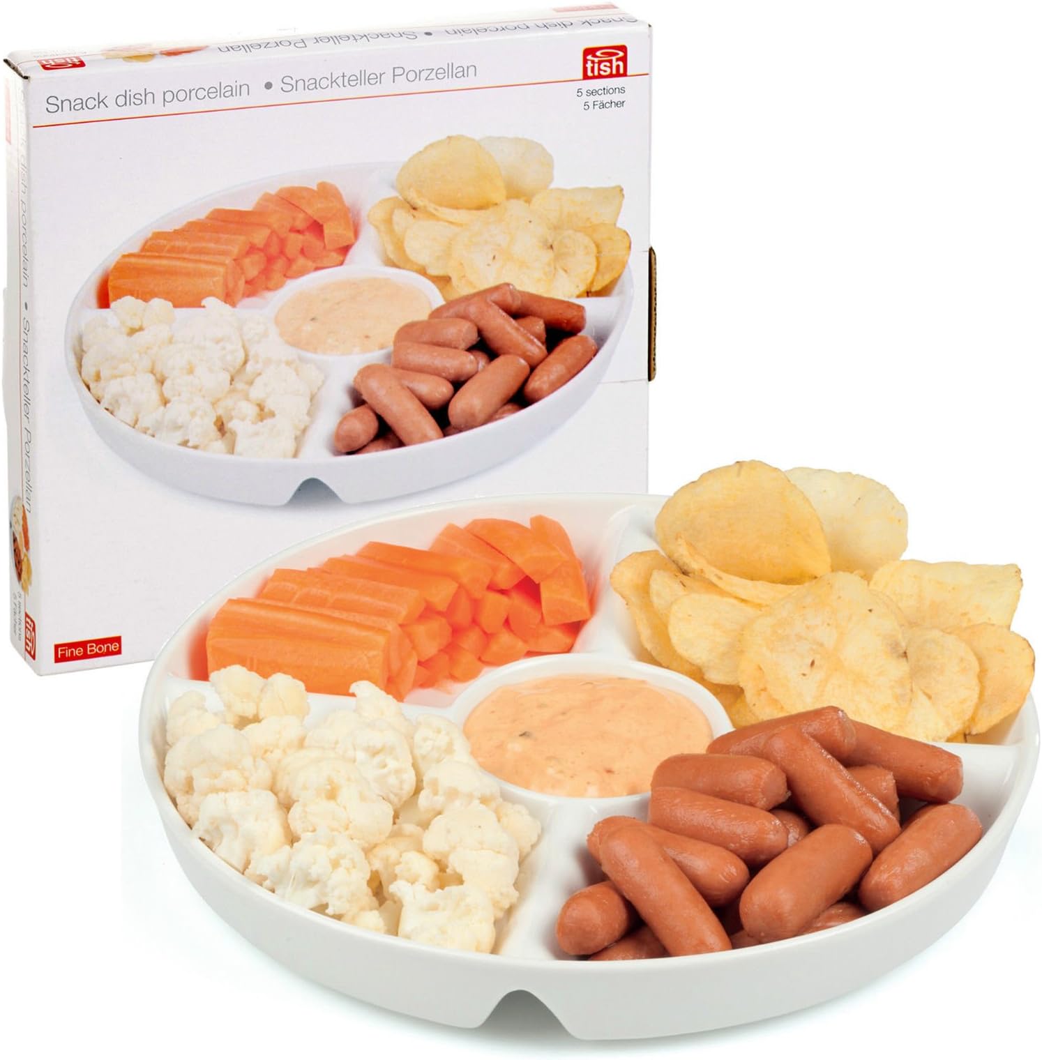 5 Section Snack Dish White Porcelain Condiment Dipping Serving Tray