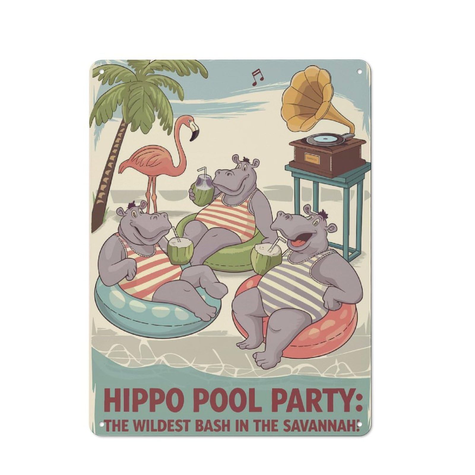 Hippo Pool Party in The Savannah Decorative Metal Plaque 40x30cm, Garage Style Shed Wall Plaque for Workshop, Basement, Shed Or Games Room