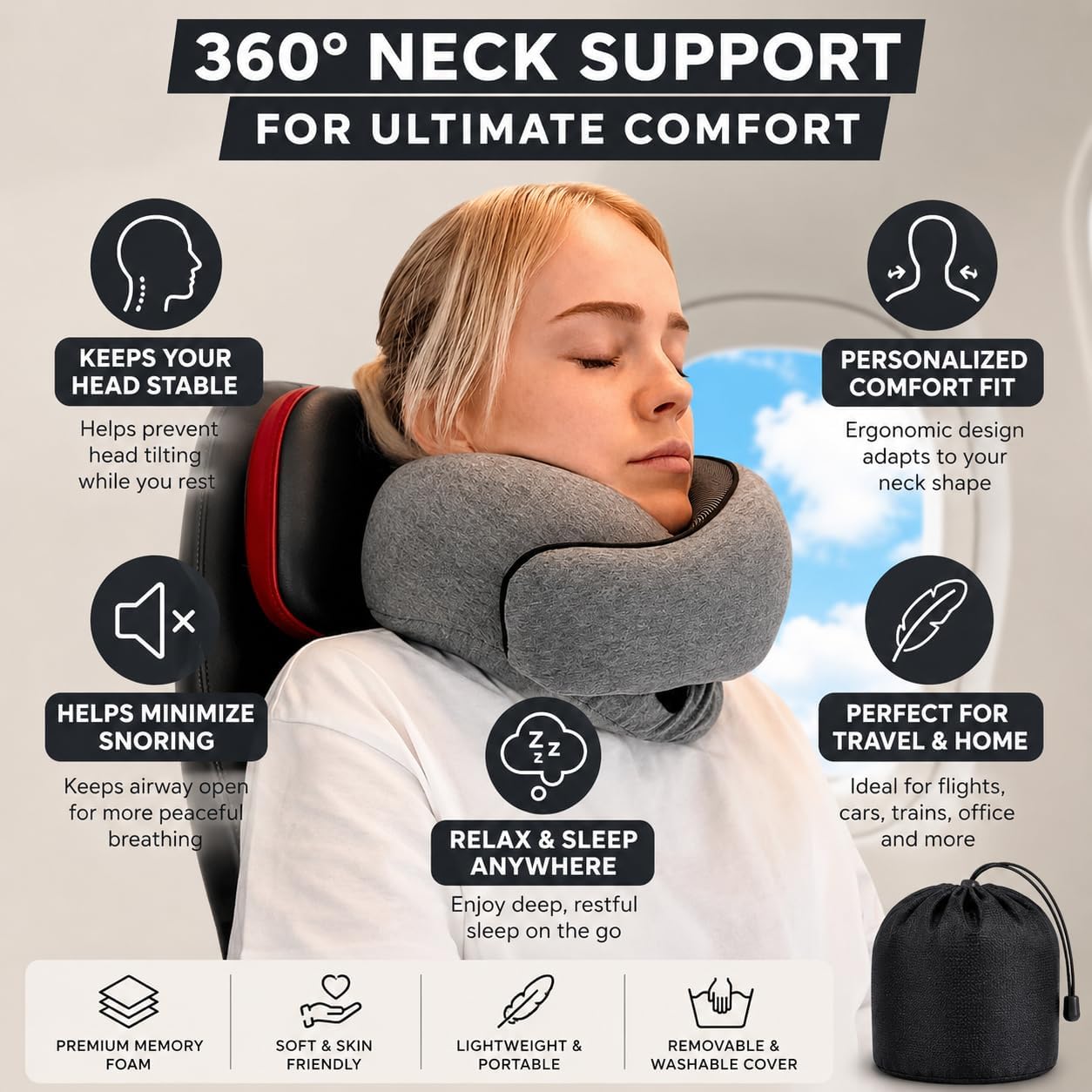 Memory Foam Travel Neck Pillow for Airplane | Ergonomic Neck Support Pillow with Soft Washable Cover, Portable Travel Pillow for Flights, Car, Train & Home, Adults & Kids