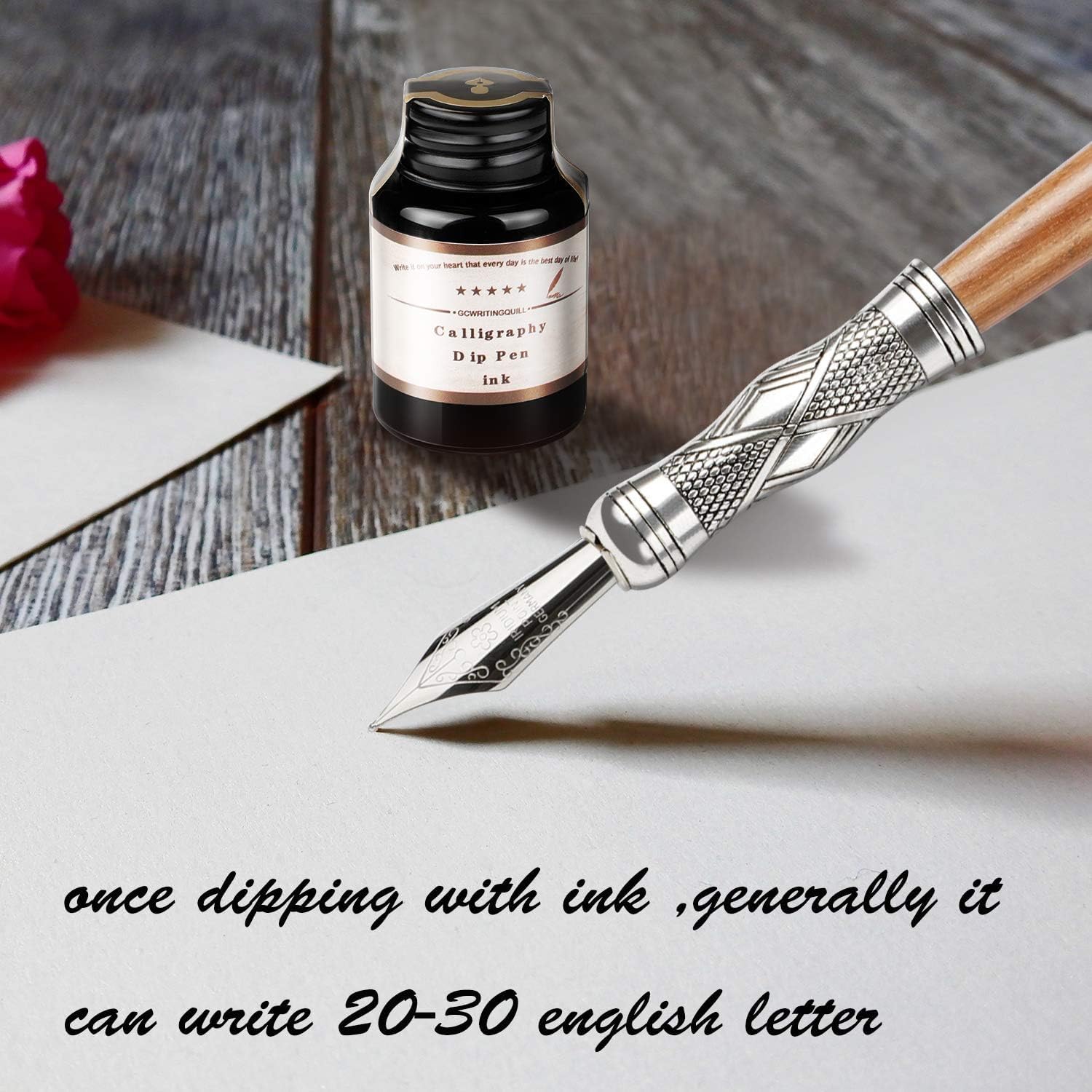 Set de Caligrafía con Pluma, 5 Plumillas, Tintero Negro y Soporte – Kit de Escritura Elegante para Caligrafía, Diario, Cartas y Regalo