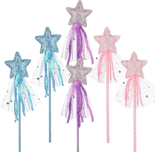 Abeillo 6 varitas de hadas con purpurina para niñas, varita mágica de princesa de estrella, varita de disfraz de hada, varita de disfraz para niños,