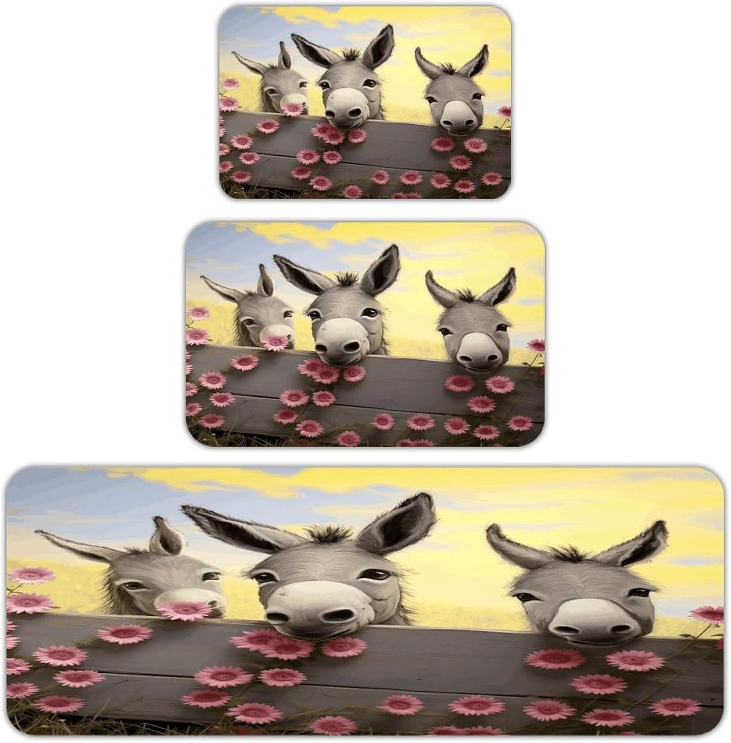 Donkey and Flower Kitchen Rugs Sets of 3 Non Slip Kitchen Mat for Floor Comfort Standing Rug and Mats Thick Cushioned Long Area Carpets for Laundry Room Entryway