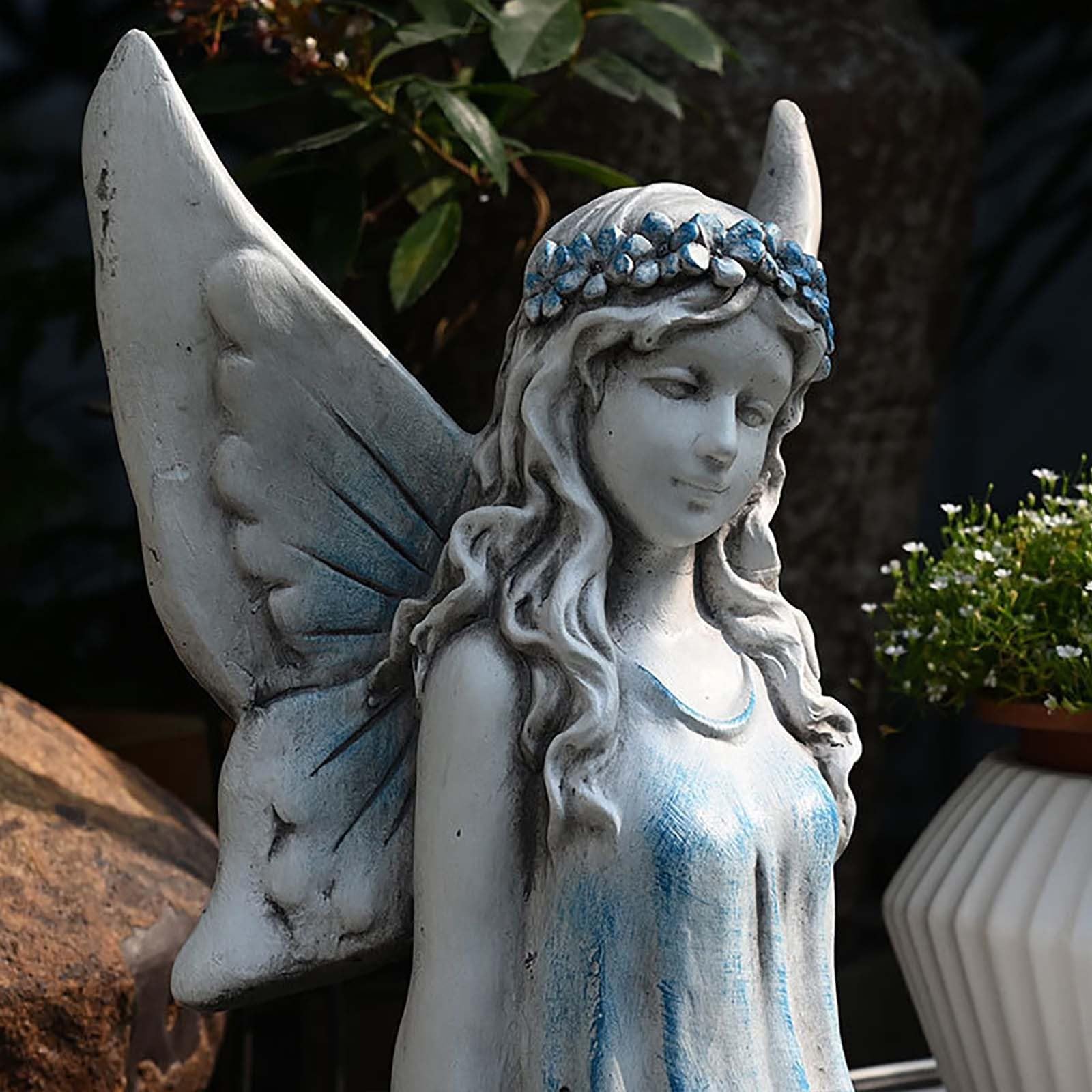 Grande statua da giardino delle fate, 62 cm, statua di fata seduta per esterni, in resina, scultura in resina per patio, cortile, portico, decorazione per la casa