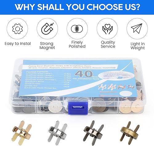 Miniatura 7 de 40 juegos de cierres magnéticos de 4 colores con herramientas de instalación, cierres magnéticos de cierre incluyen 3 herramientas de ajuste para
