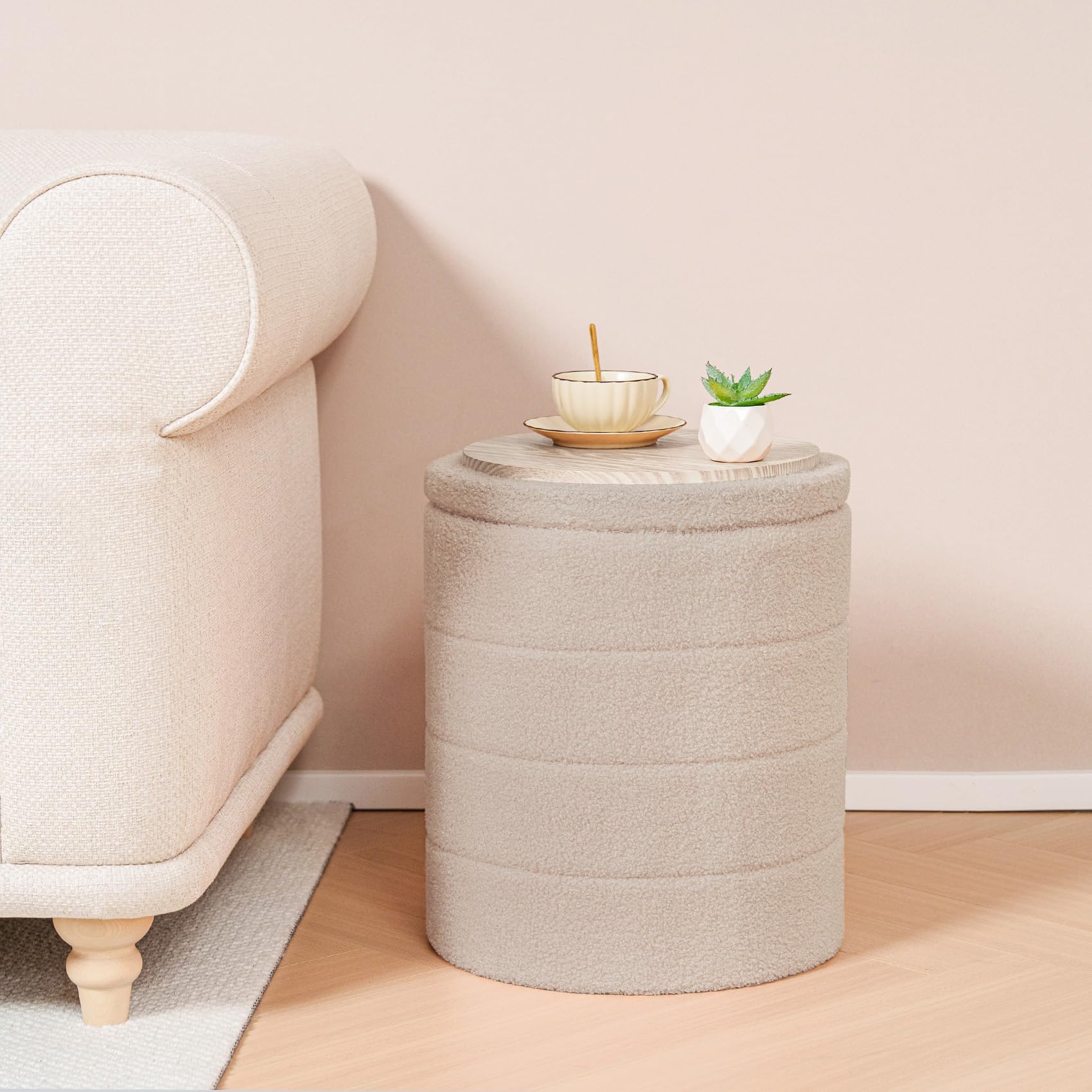 Bonlife Tabouret de Rangement, Rond Pouf Pliable, Coffre de Rangement, pour Salon, Chambre, Dortoir, Charge jusqu'à 120 kg, Beige, 37x37x45 cm