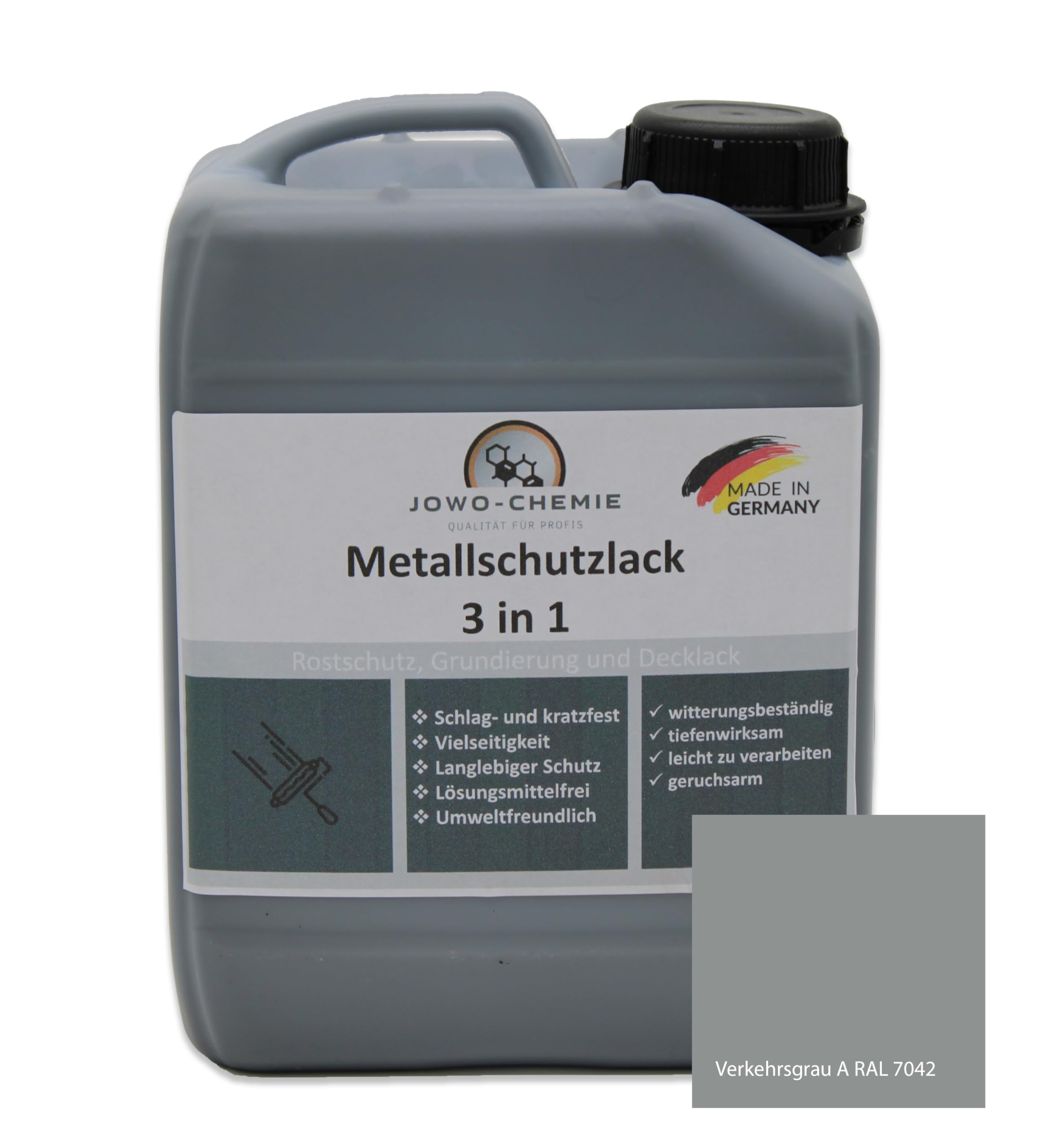 Metallschutzlack 3in1 (5kg) Metallfarbe Dauerhafter Schutz & hohe Beständigkeit, umfassende Lösung für den Schutz und die Veredelung von Metalloberflächen (Verkehrsgrau A RAL 7042)