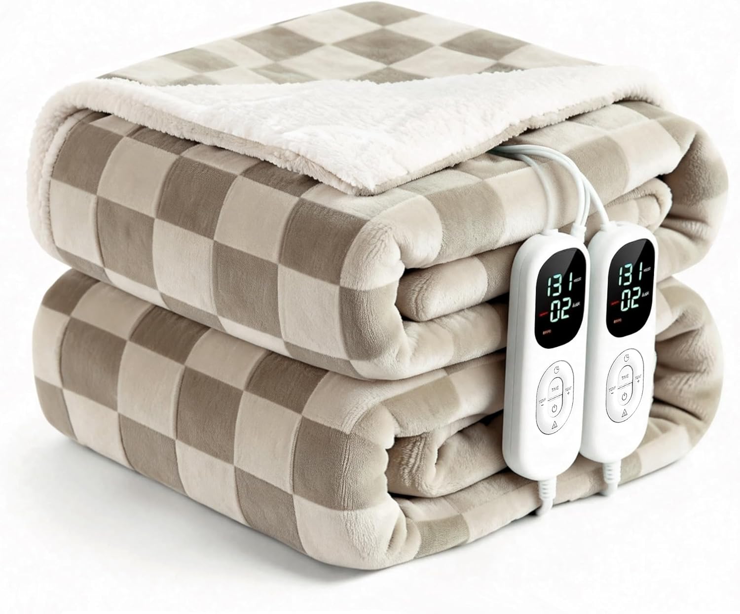 IUUI Heated Blanket Electric Queen Checkered- 84x90 Inches Soft Flannel Heating Blanket,Fast Heating Blanket 6 Heating Levels & 2 Hours Auto Off ETL Certification (Light Brown, Queen 84" x 90")