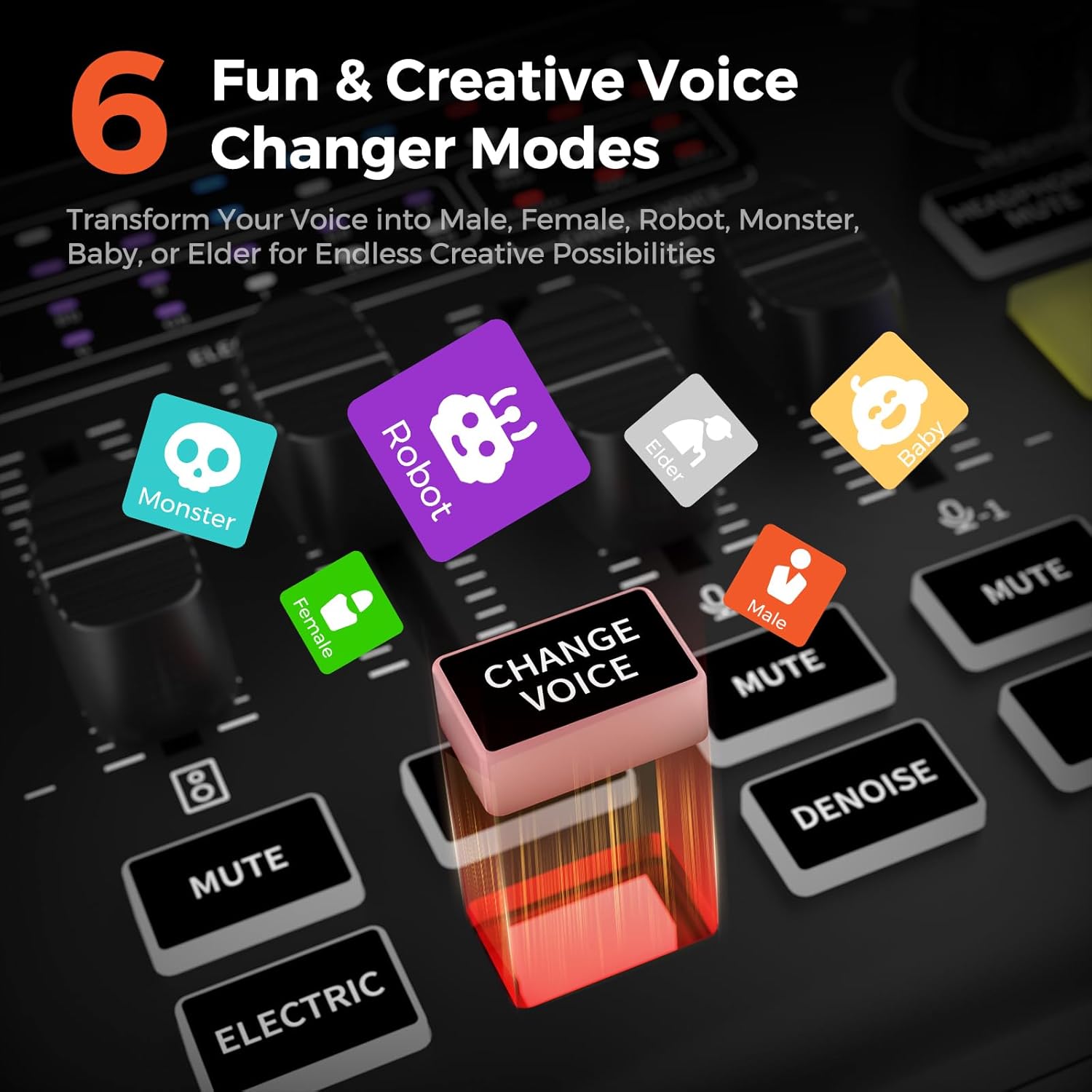 Close-up of the NearStream AMIX20U showing the 6 Voice Changer Modes buttons.