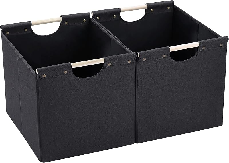 Large Collapsible Storage Bins, Linen Fabric, Pack of 2, Storage Baskets with Wooden Carry Handles and Sturdy Heavy Cardboard, for Home, Office, Car, Nursery, Black
