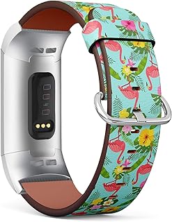 Compatible with Fitbit Charge 3 & 3 SE - Leather Wristband Bracelet Replacement Accessory Band (Includes Adapters) - Flamingo Tropical Leaves