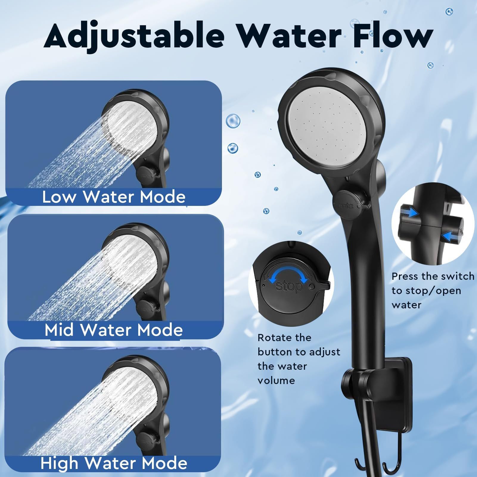 Douche de camping portable, rechargeable avec écran LED – Étanche 3 modes de pulvérisation Pompe de camping en plein air pour jardin, randonnée, voyage en camping-car
