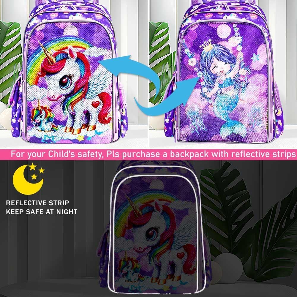 UFNDC 3PCS Unicorn Backpack for Girls, 16”Kids Sequin Bookbag with Lunch Box, Water Resistant School Bag for Elementary Preschool Toddler - Image 3