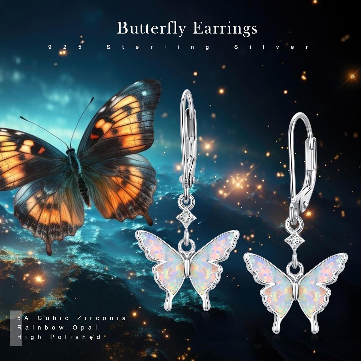 Opal Butterfly Drop Earrings - 925 Sterling Silver Dainty Wings With 5A Cubic Zirconia - Mother's Day Jewelry for Women