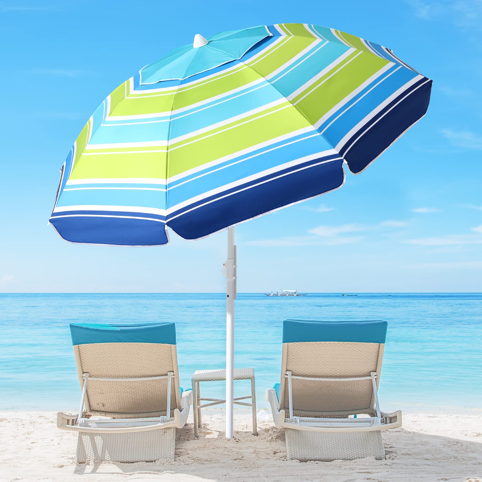 Beach Umbrella - Beach Umbrellas for Sand with Air Vents, 6.56FT Arc Length, 5.9FT Diameter, Heavy Duty Wind Portable, Adjustable Tilting Pole with 8 Ribs UV 50+ and Carry Bag - Blue & Green