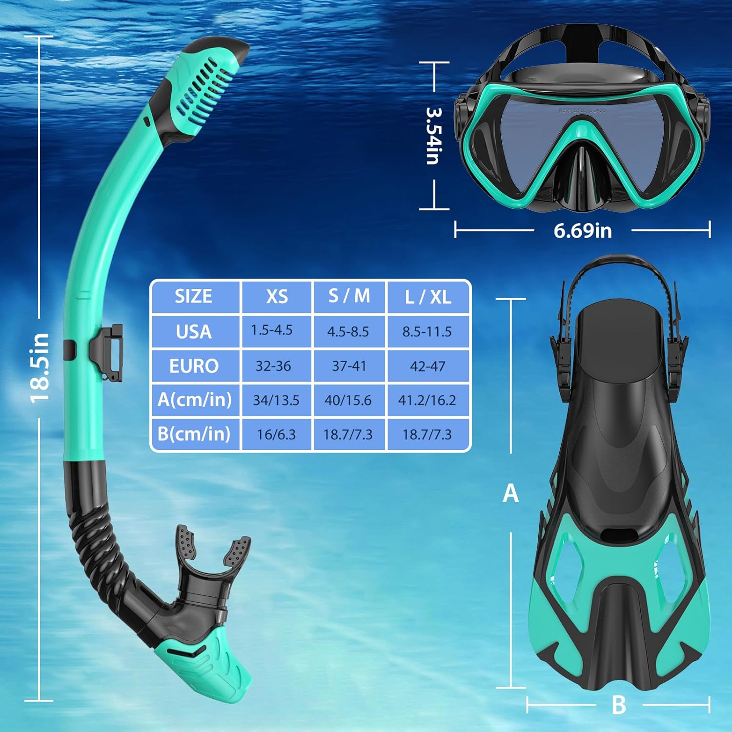 Snorkeling Gear for Adults, Mask Fin Snorkel Set, Dry Top Snorkel, Snorkeling Kit Travel Diving Package, Panoramic View Anti-Fog Anti-Leak Adjustable Swim Fins - Image 5