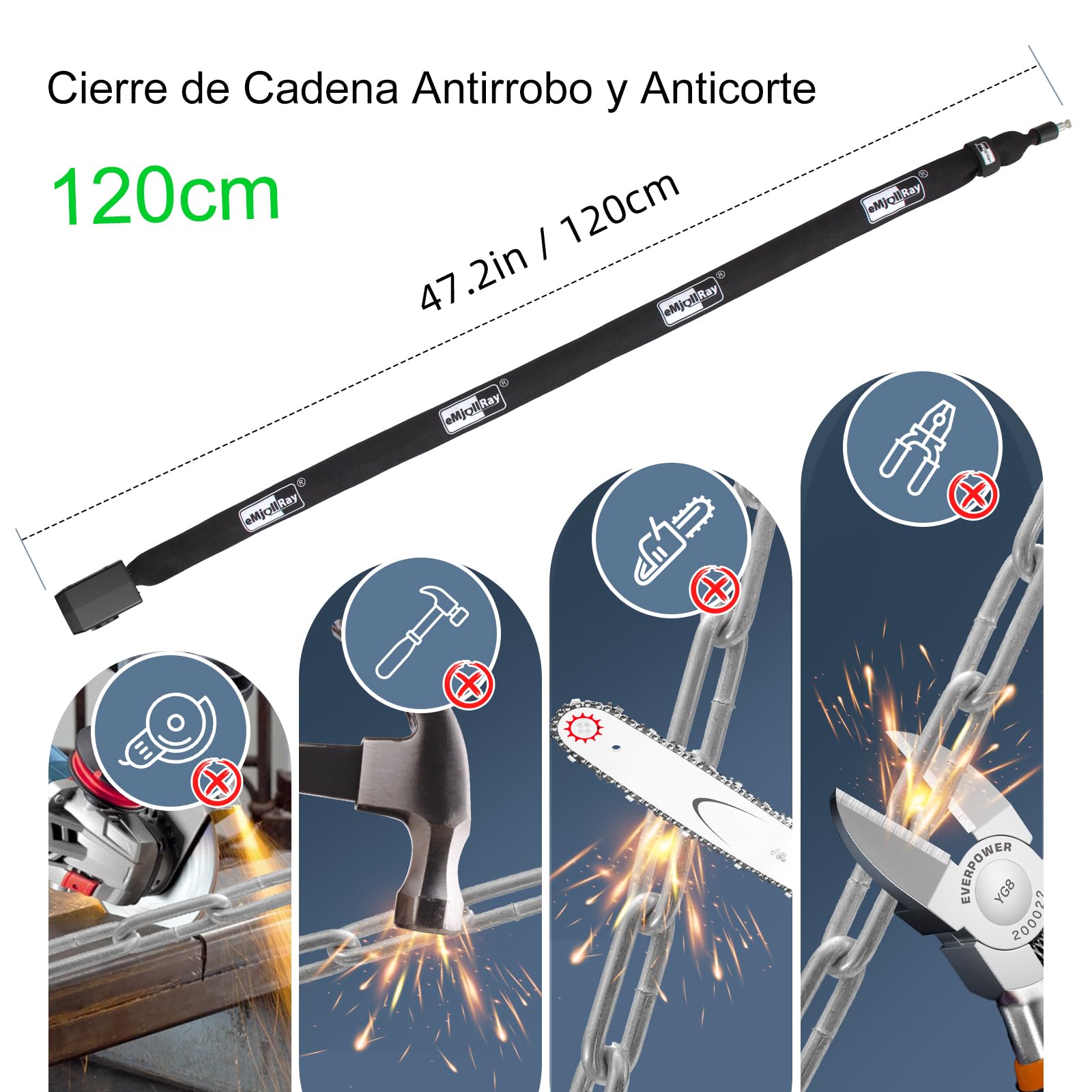 120CM Antivol Velo avec Alarme 110dB Antivol Alarme Vélo avec Télécommande 8MM Grossie USB C Rechargeable Chaine Antivol avec 3 Clés et Sac pour Vélo Electrique Trottinette Scooter Porte