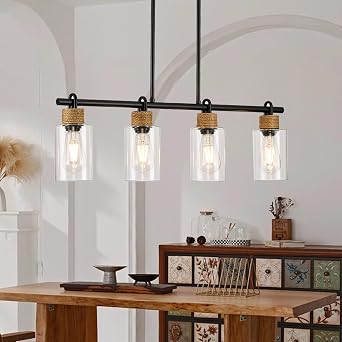 Black Pendant Lights Kitchen Island, Farmhouse Chandeliers for Dining Room, Linear Island Lights with Jute Rope & Clear Glass ShadesBlack 4 Light