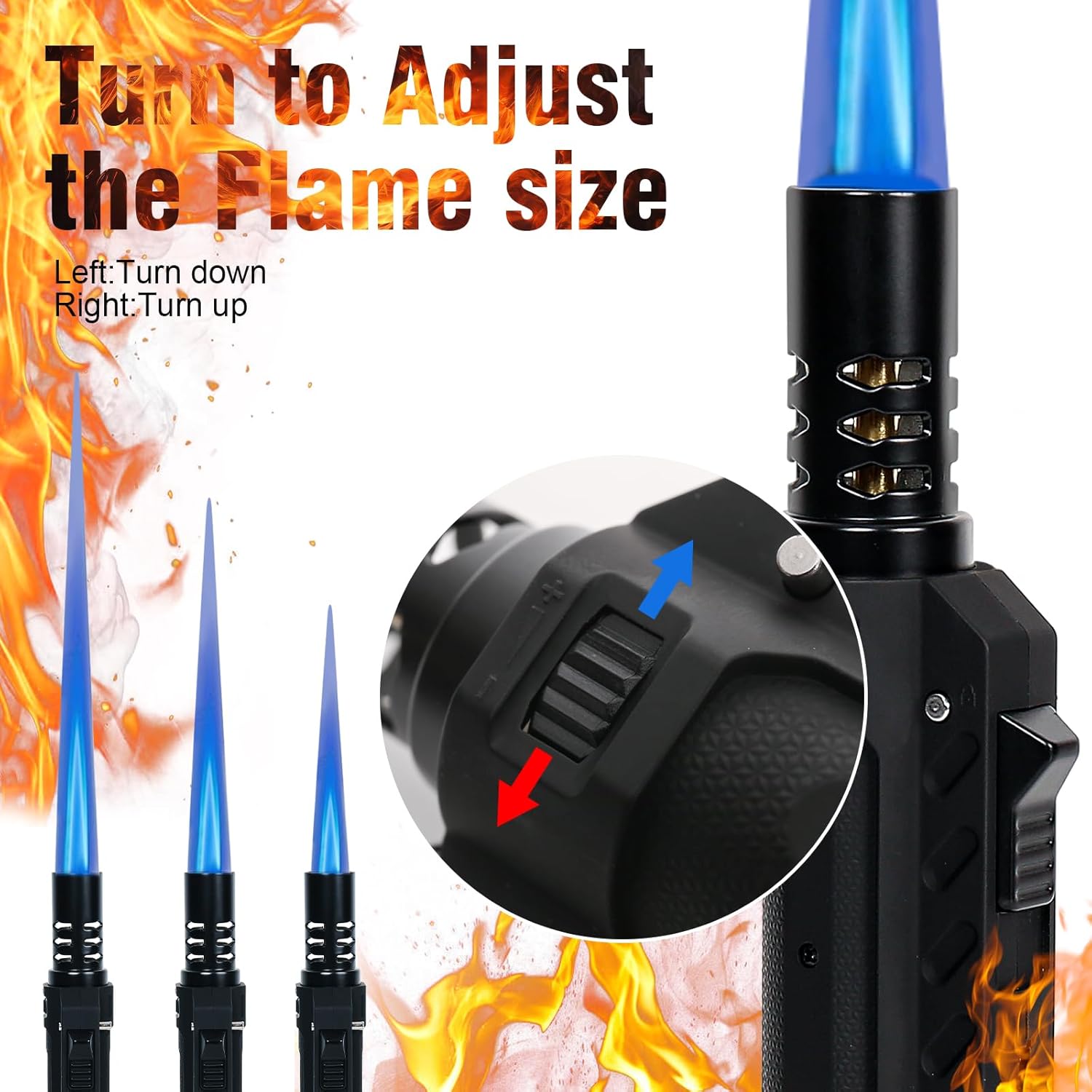 Camping Lighter, Torch Lighter, Straight Flame Bright Fire Refillable Windproof Adjustable Safety Lock for Campfires Kitchen Hiking Candles Fireplace BBQ Outdoor Essentials (Black)