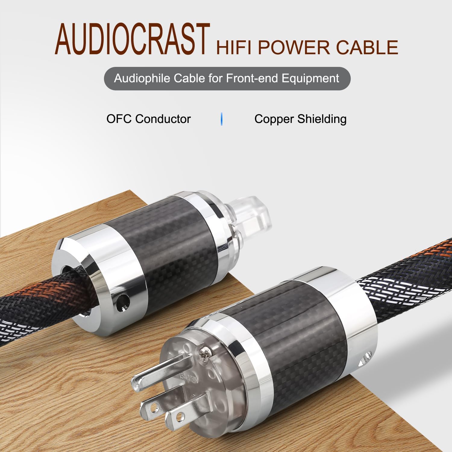 Audiocrast HiFi Power Cord, 6.6FT/2M, 125V 15A, High-End Amplifier Power Cable, Audiophile AC Power Wire with Carbon Fiber US Plug+IEC320 C15 Connector