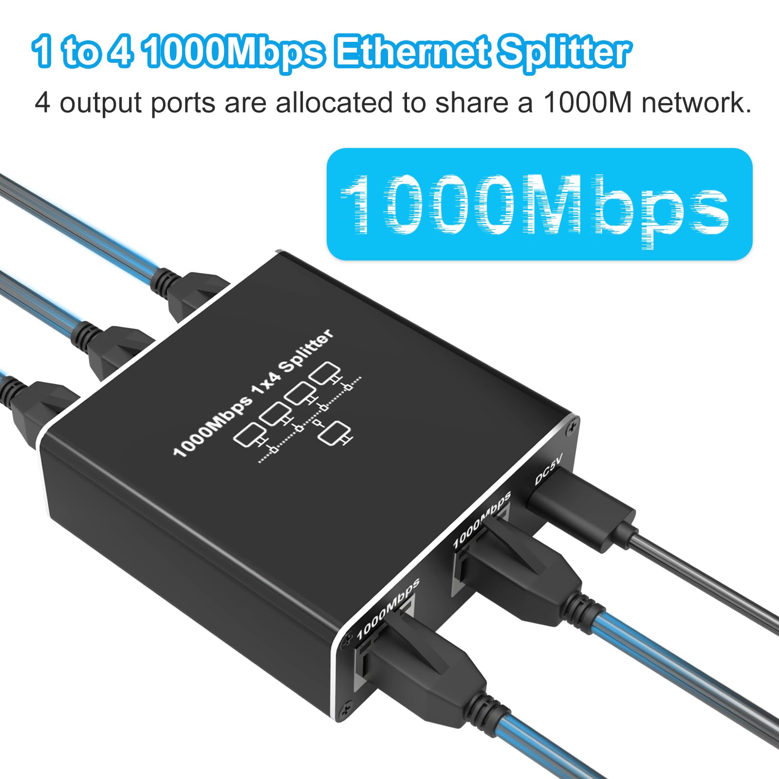 Tendak Ethernet Splitter 1 to 4 High Speed 1000Mbps, Gigabit Ethernet Splitter RJ45 Splitter with USB Power Cable, LAN Splitter for Cat5/5e/6/7/8 Cable[Supports 4 Devices Working Simultaneously]