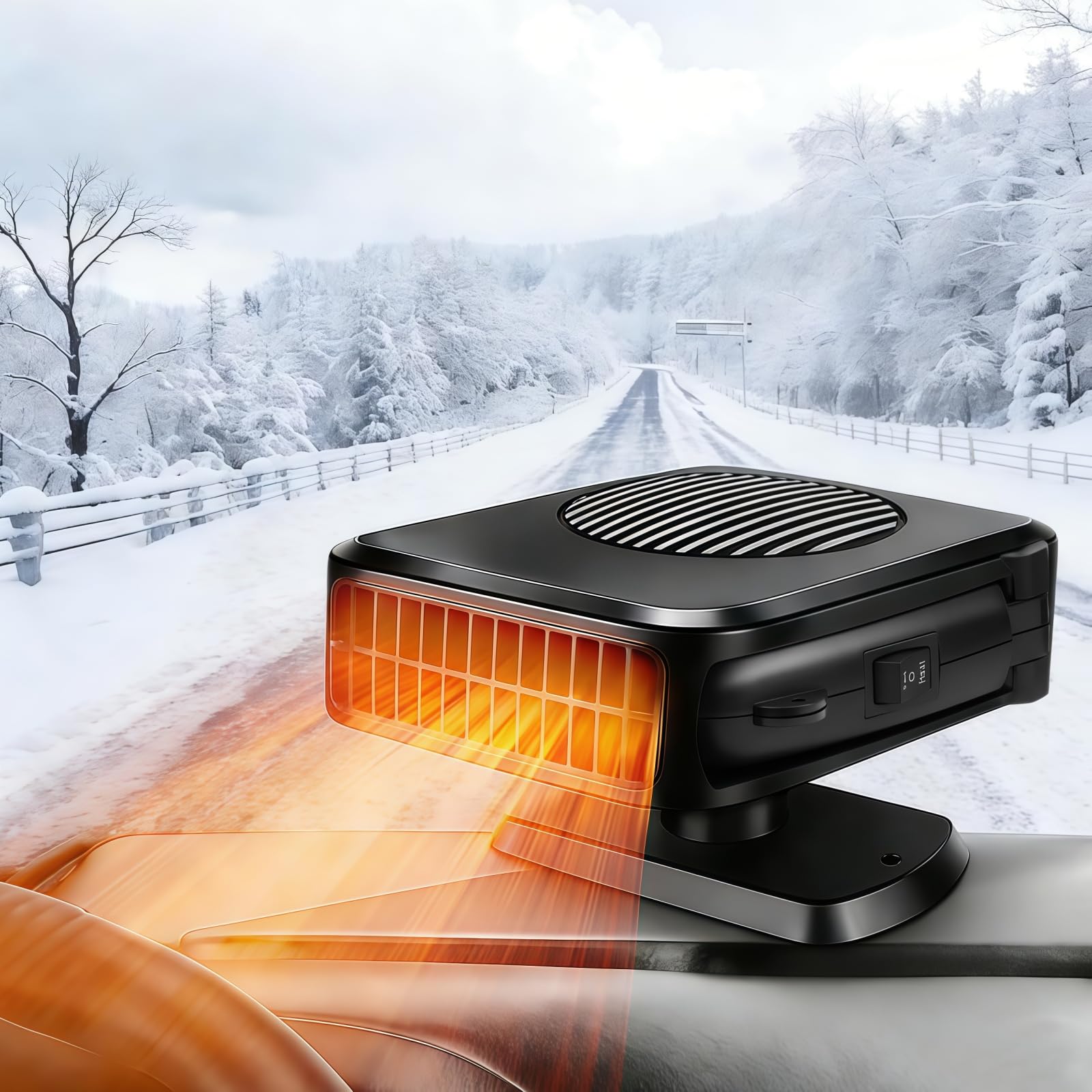 Car Heater, 200W 12V Portable Windshield Defogger and Defroster，2 in 1 Modes Fast Heating &amp;Cooling Fanswith Cigarette Lighter Plug 360 Degree Rotary Base（Black）