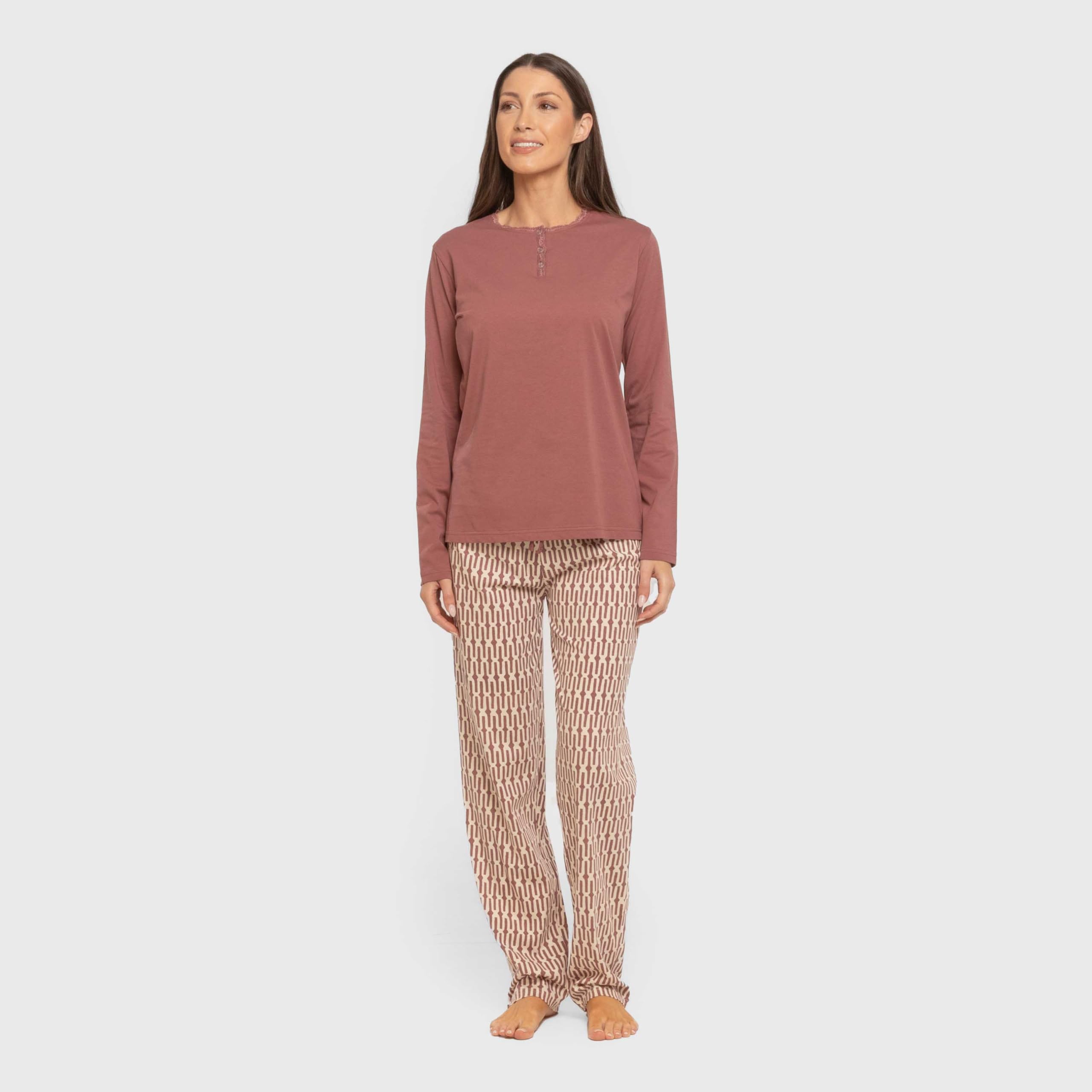 TRAMAS+ Pyjama 100% Coton pour Femme, Pyjama Long pour Femme, Ensemble t-Shirt à Manches Longues et Pantalon Long avec Taille Ajustable, Ensemble pour Femme