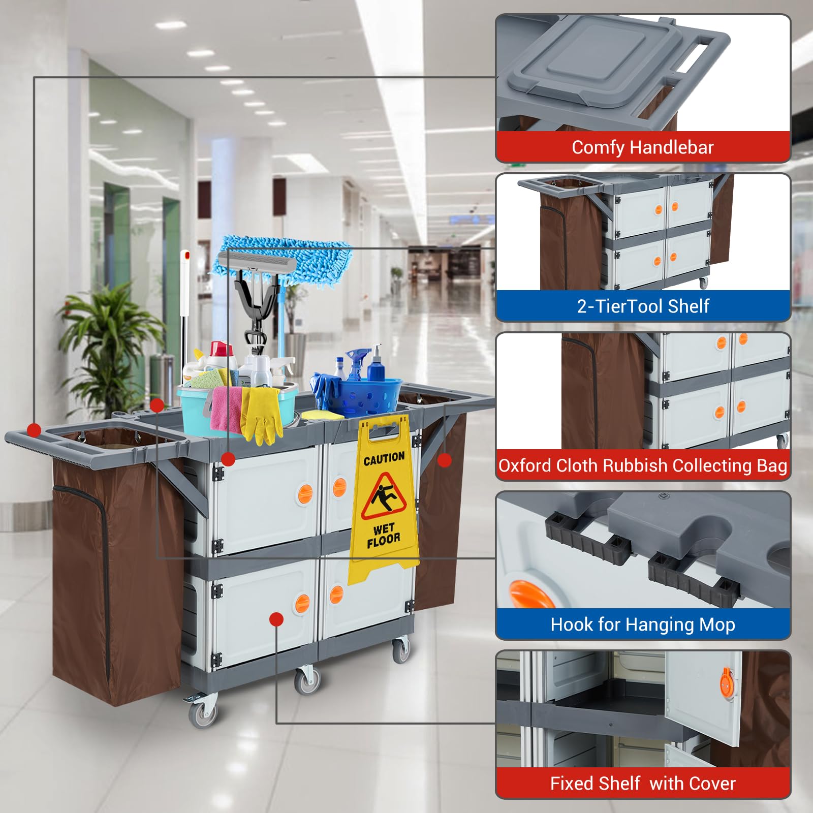 Carrello per pulizie professionale a 4 scomparti con doppio coperchio, manico in PP, struttura in alluminio, ruote silenziose TPR da 4 pollici, sacchi inclusi