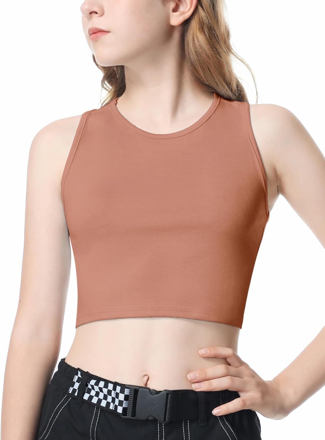 EXARUS Girl's Crop Tank Tops Dance Ribbed Knit Sleeveless Round Neck Racerback Casual Cute Cropped Top 6-12Y
